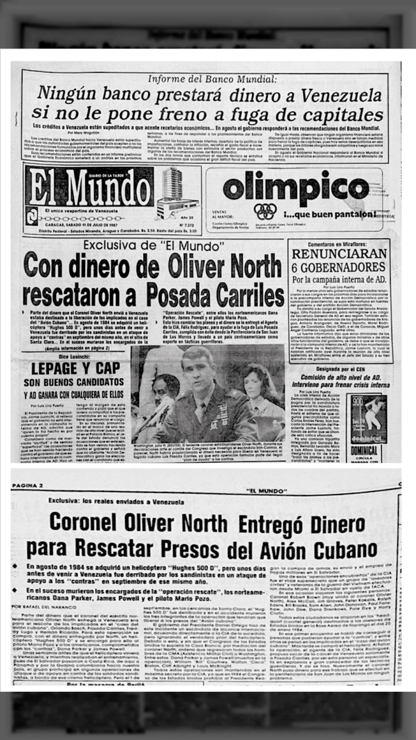 Con dinero de Oliver North rescataron a Posada Carriles (EL MUNDO, 11 DE JULIO 1987)