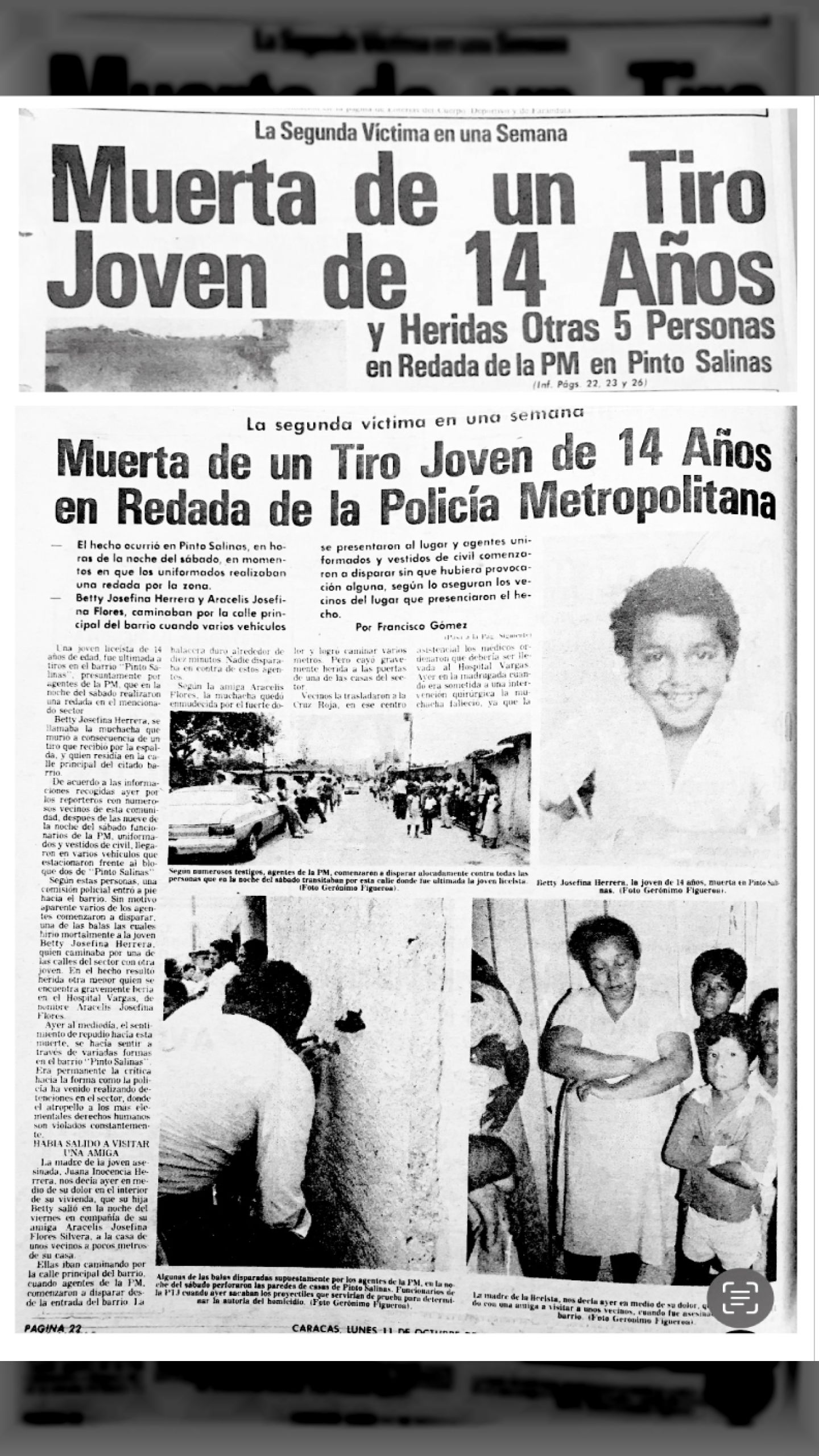 La segunda víctima en una semana - Muerta de un Tiro Joven de 14 años en Redada de la Policía Metropolitana (ÚLTIMAS NOTICIAS, 11 DE OCTUBRE 1982)