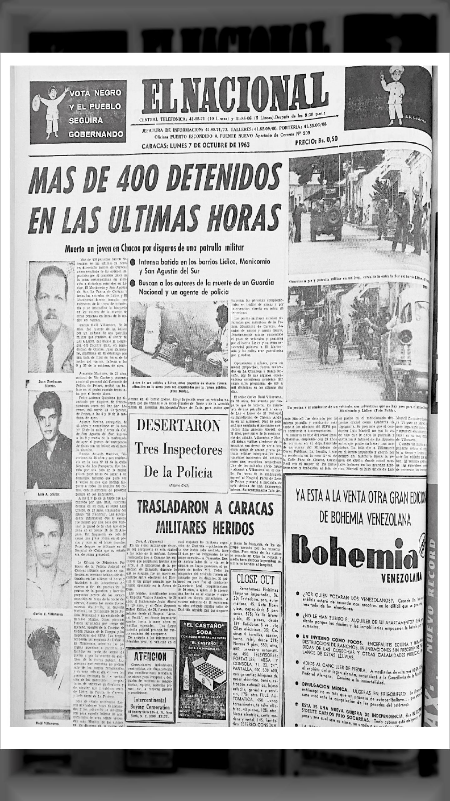 MÁS DE 400 DETENIDOS EN LAS ÚLTIMAS HORAS (El Nacional, La Esfera y Clarín, 5, 6 y 7 de  Octubre de  1963)