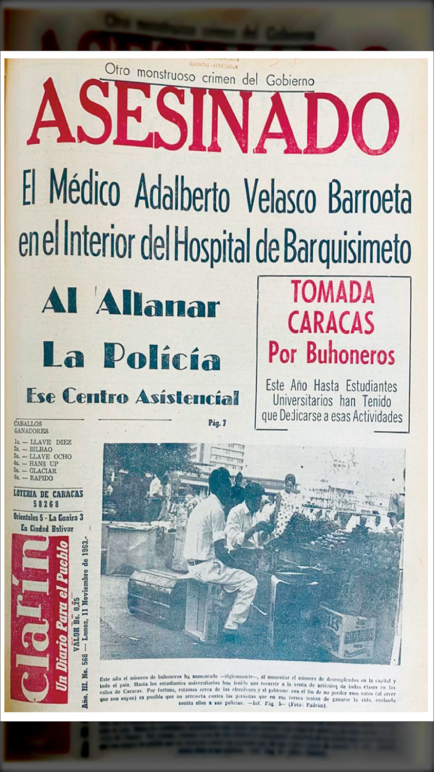 ASESINADO POR LA POLICÍA EL MÉDICO ADALBERTO BARROETA (CLARIN, 11 de noviembre de 1963)