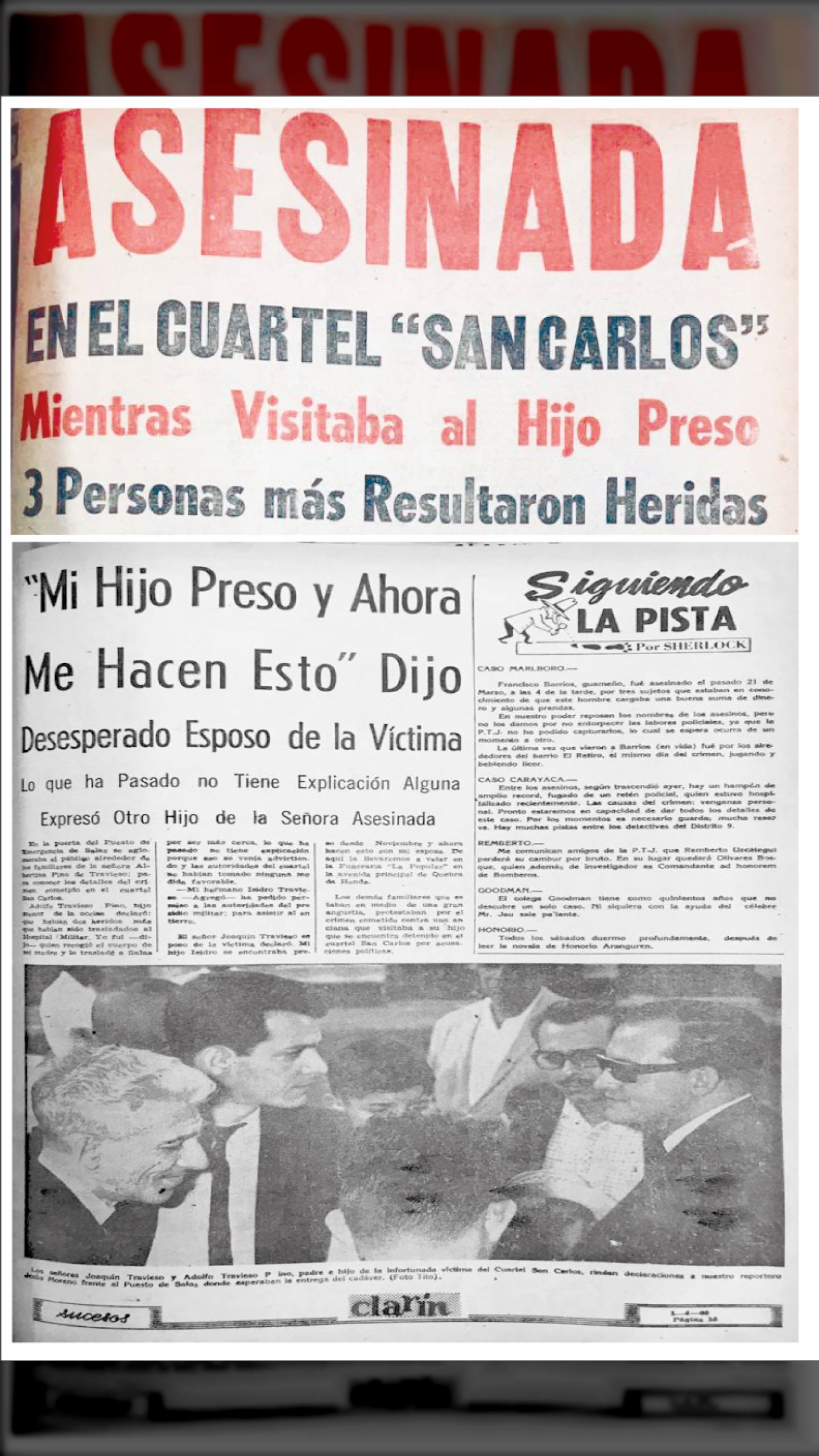 ASESINADA EN EL “CUARTEL SAN CARLOS” MIENTRAS VISITABA AL HIJO PRESO (CLARÍN, 1º DE ABRIL DE 1963)