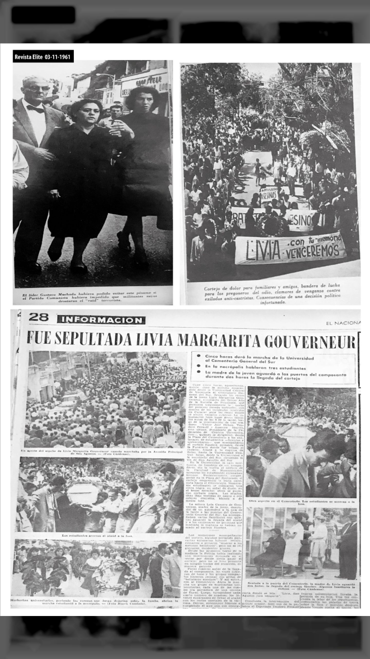 MUERTA JOVEN ESTUDIANTE DE UN BALAZO EN LA ESPALDA (El Nacional y Últimas Noticias, 2 de noviembre de 1961)