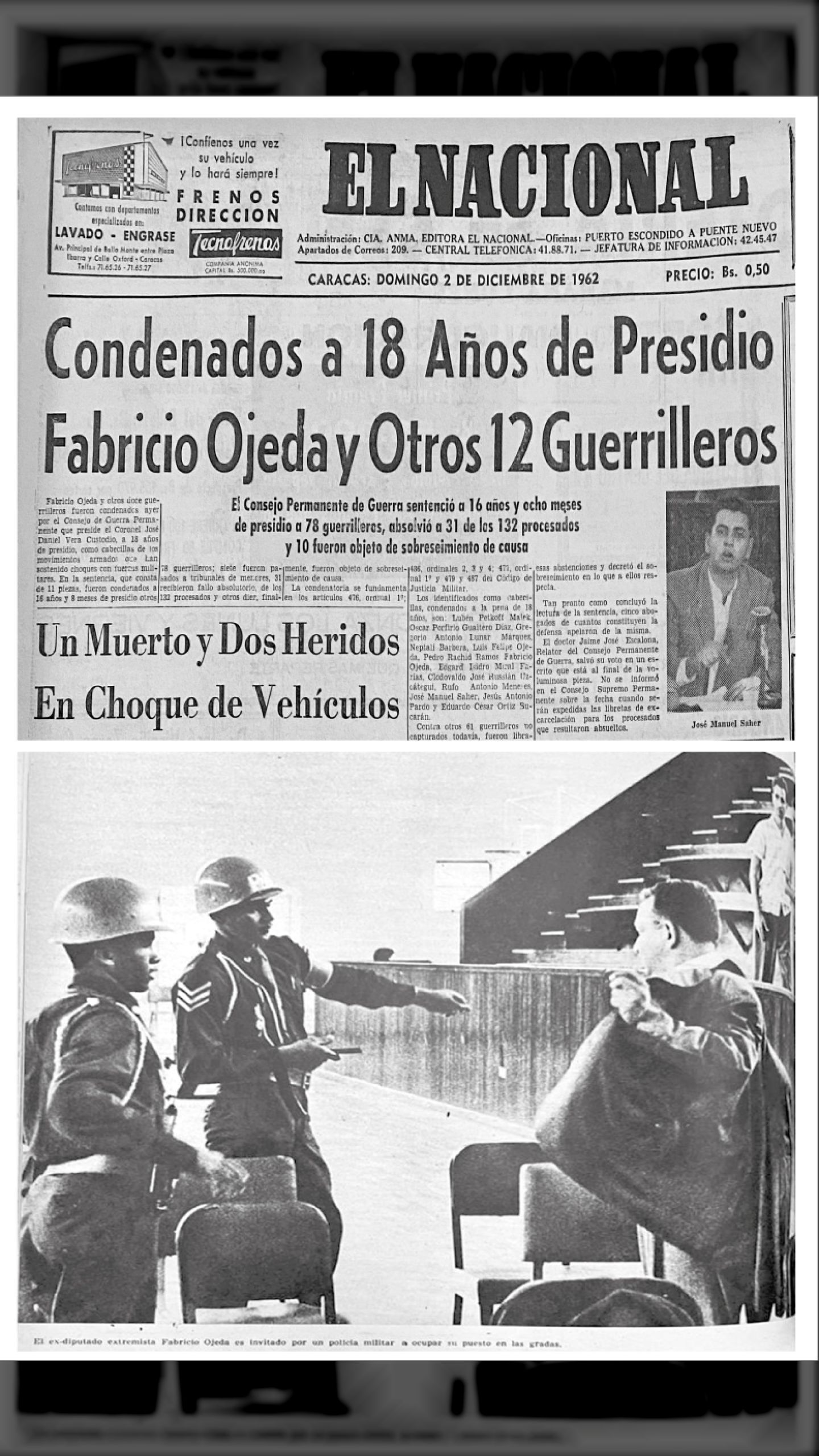 Condenados a 18 años de Presidio Fabricio Ojeda y Otros 12 Guerrilleros (EL NACIONAL,  2 de diciembre de 1962)