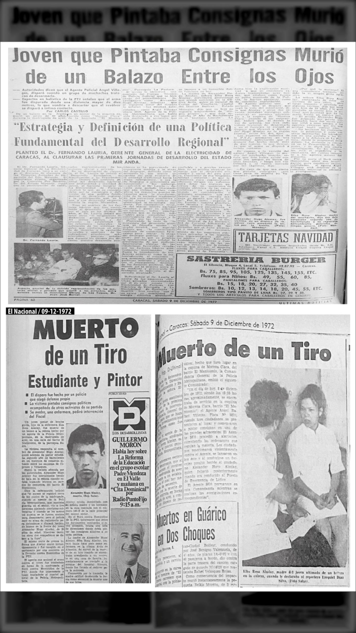 JOVEN QUE PINTABA CONSIGNAS MURIÓ DE UN BALAZO ENTRE LOS OJOS. (9 de diciembre de 1972 Últimas Noticias y El Nacional)