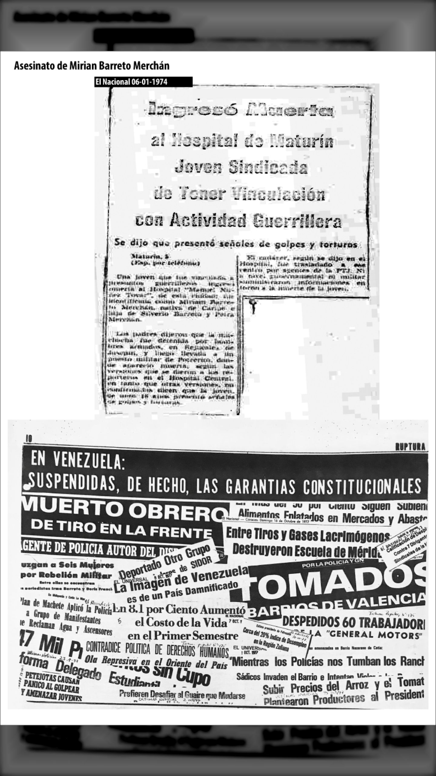 Ingresó muerta al Hospital de Maturín Joven Sindicada de Tener Vinculación con Actividad Guerrillera Presentó señales de golpes y torturas (EL NACIONAL, 06 de enero de 1974)