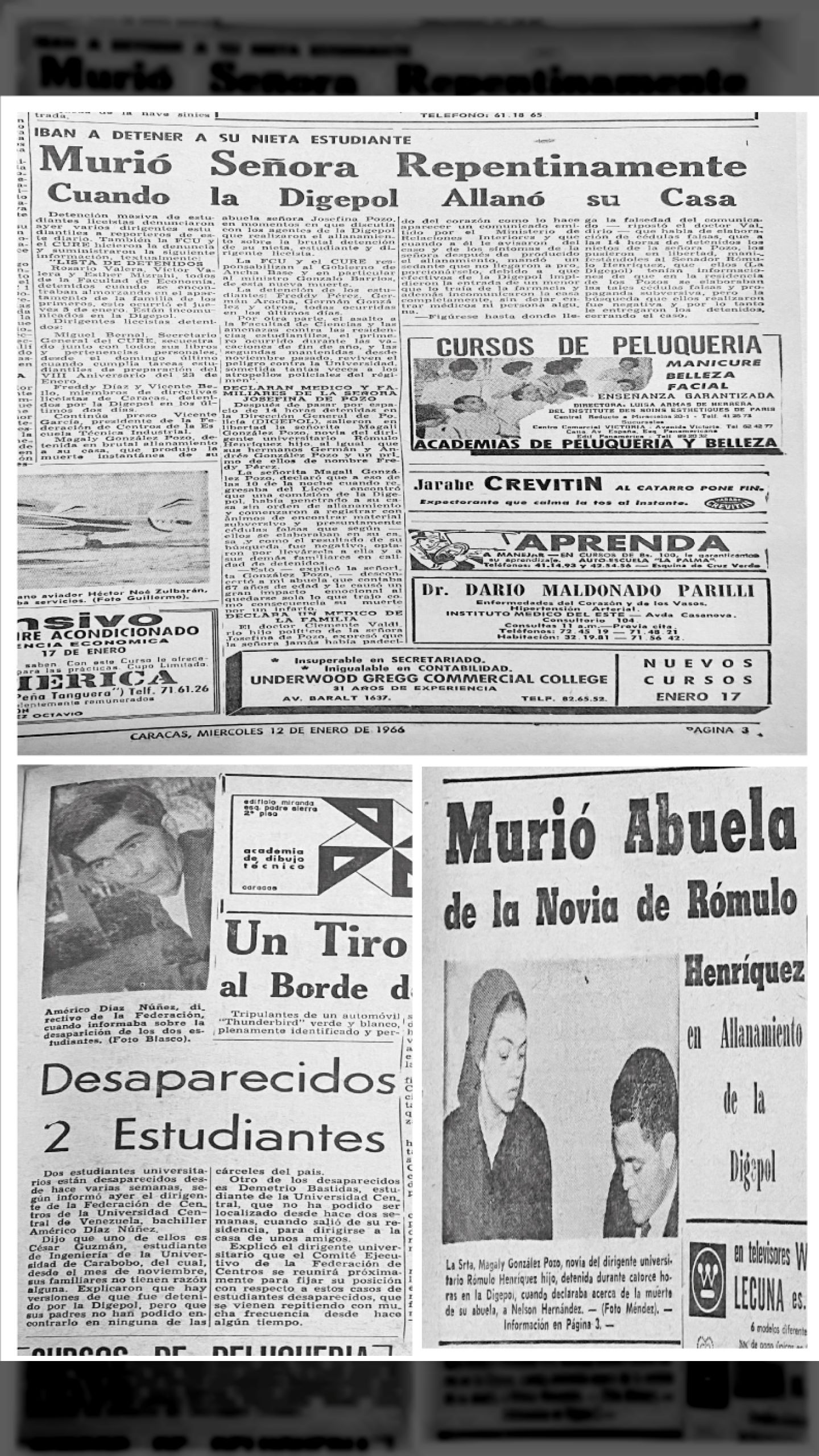 Murió Señora Repentinamente Cuando la Digepol Allanó su Casa (ÚLTIMAS NOTICIAS, 12 de enero de 1966)