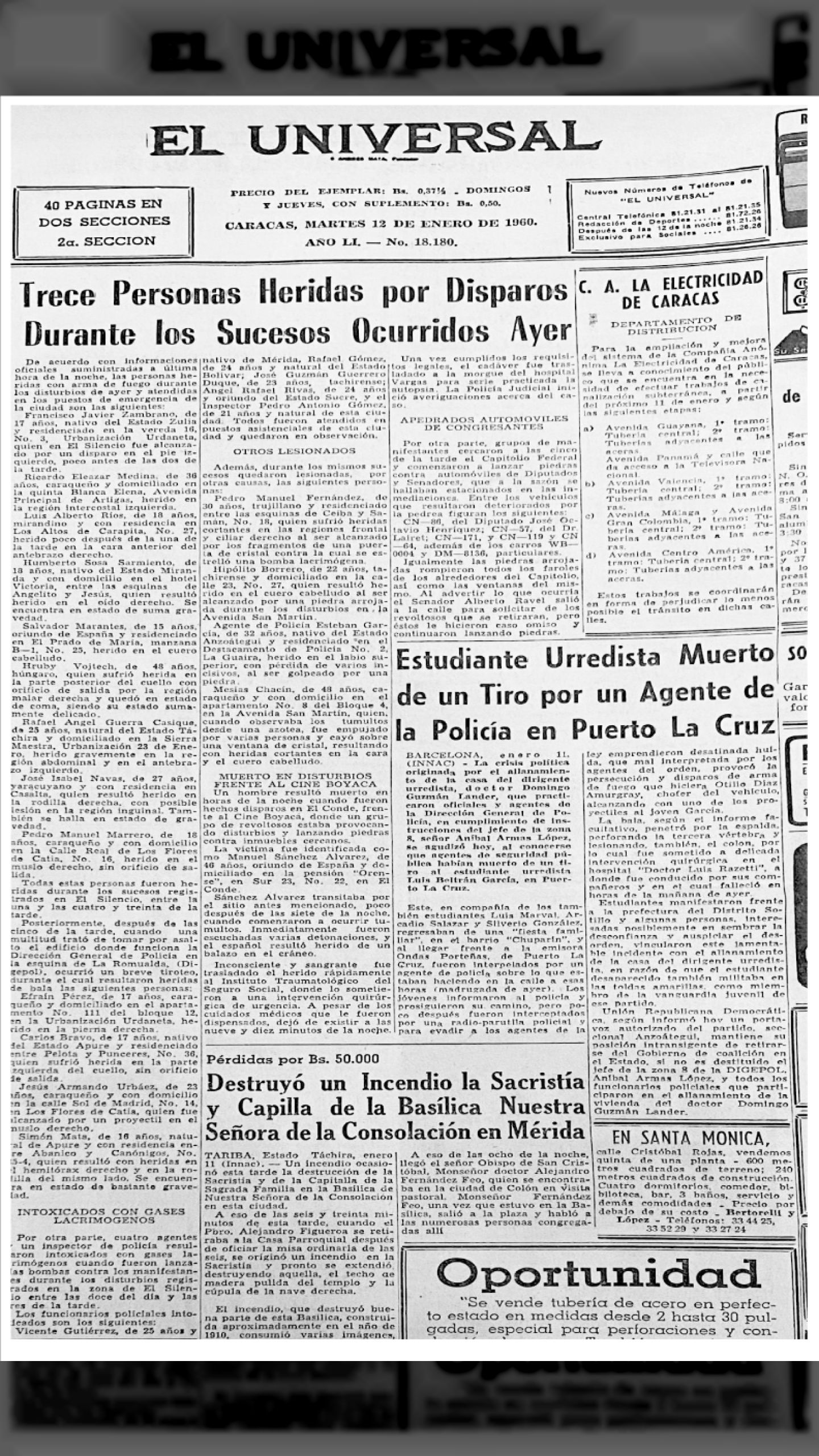 Estudiante Urredista Muerto de un Tiro por un Agente de la Policía en Puerto La Cruz (EL UNIVERSAL, 12 de enero de 1960)