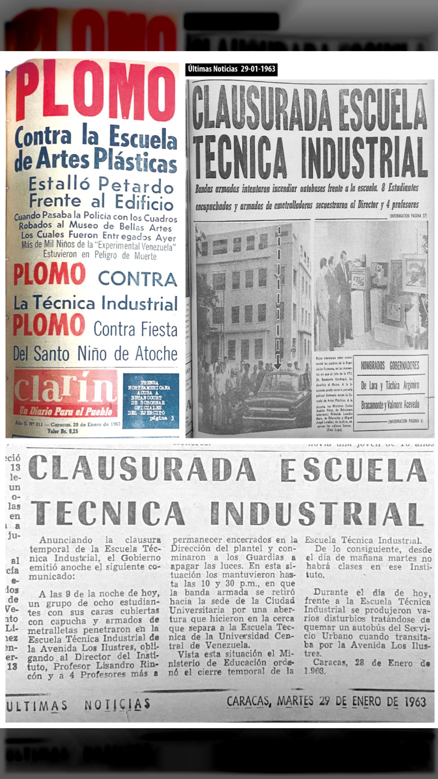 CLAUSURADA ESCUELA TÉCNICA INDUSTRIAL (ÚLTIMAS NOTICIAS y CLARÍN, 29 de enero 1963)