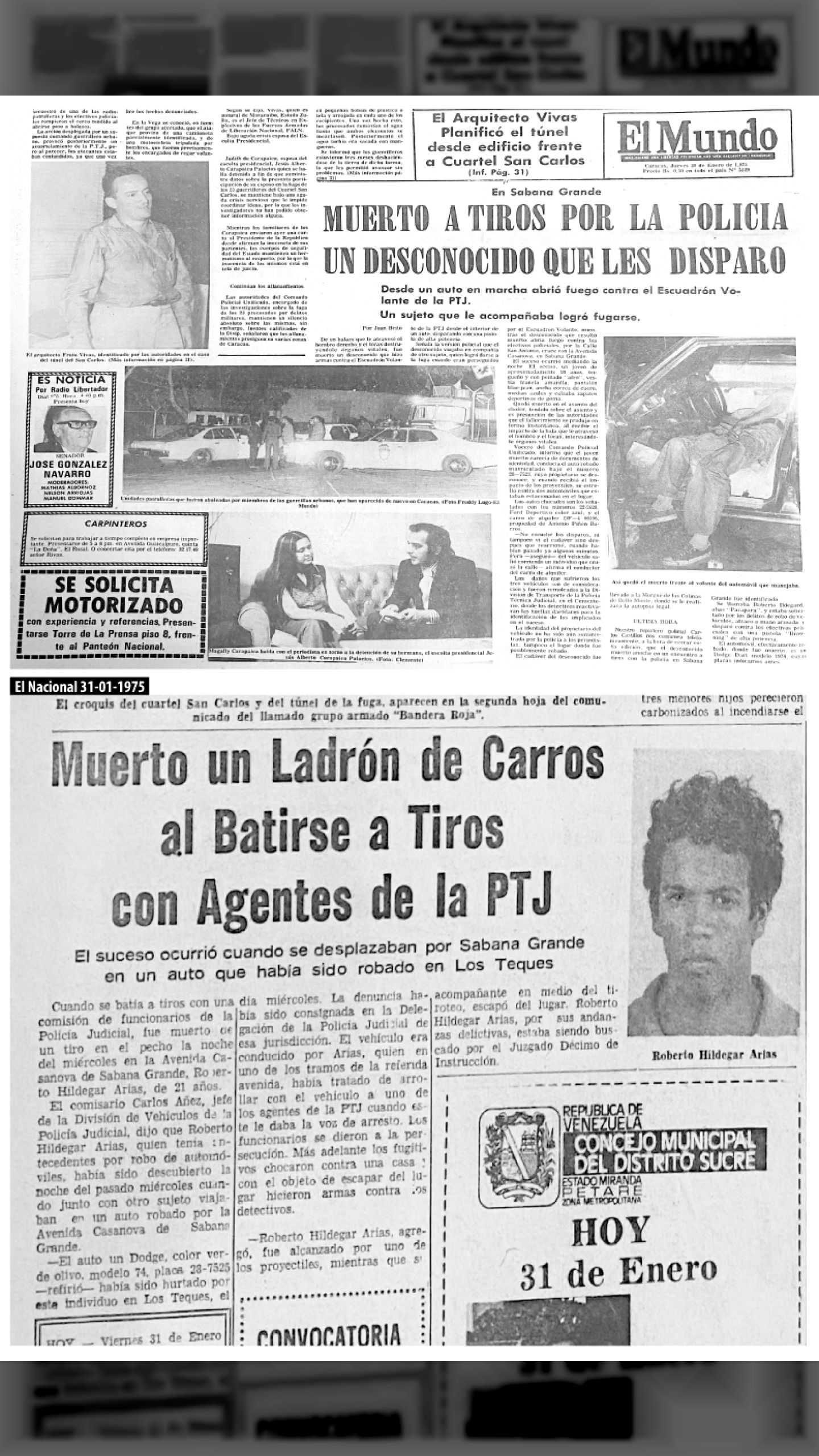 ES ASESINADO EL JOVEN REVOLUCIONARIO ROBERTO ILDEGARD ARIAS (El Mundo, 30 de enero 1975)