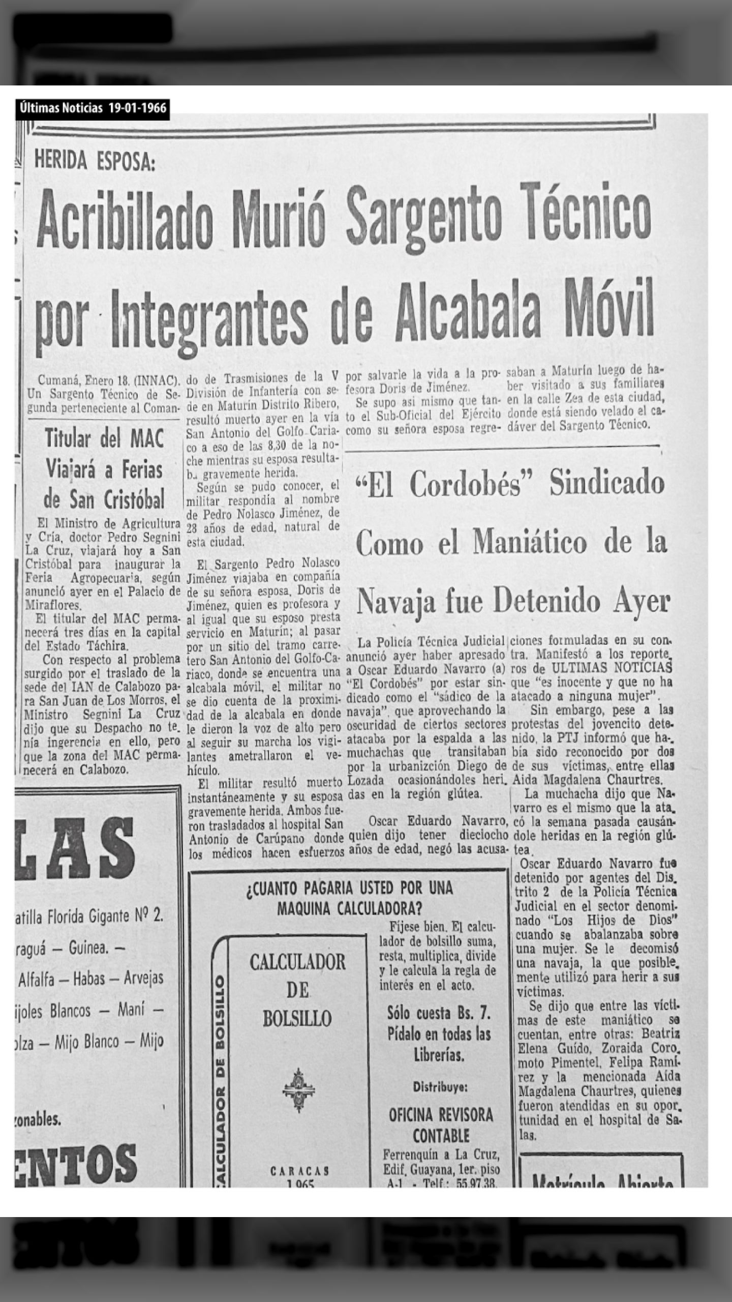 ACRIBILLADO SARGENTO TÉCNICO POR INTEGRANTES DE ALCABALA MÓVIL (Últimas Noticias, 19 de enero 1966)