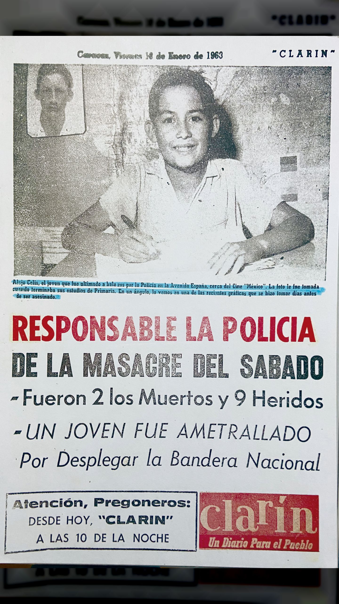 DOS JÓVENES ASESINADOS EN CATIA POR POLICÍAS UNIFORMADOS (Clarín, 14 de enero de 1963)