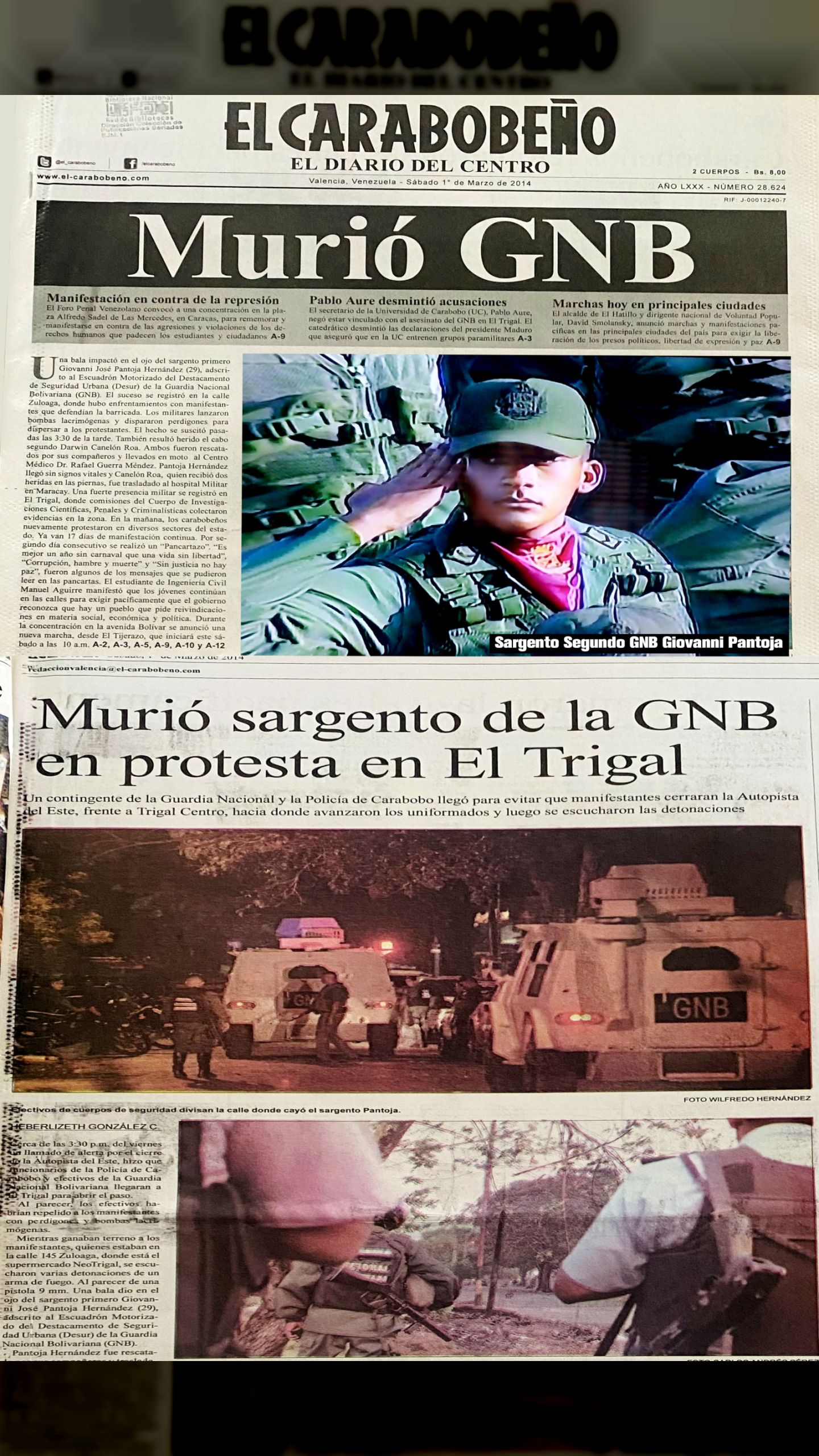 GUARIMBAS 2014: ES ASESINADO EL SARGENTO SEGUNDO GNB GIOVANNI PANTOJA HERNÁNDEZ (ELCARABOBEÑO, 1º DE MARZO DE 2014)