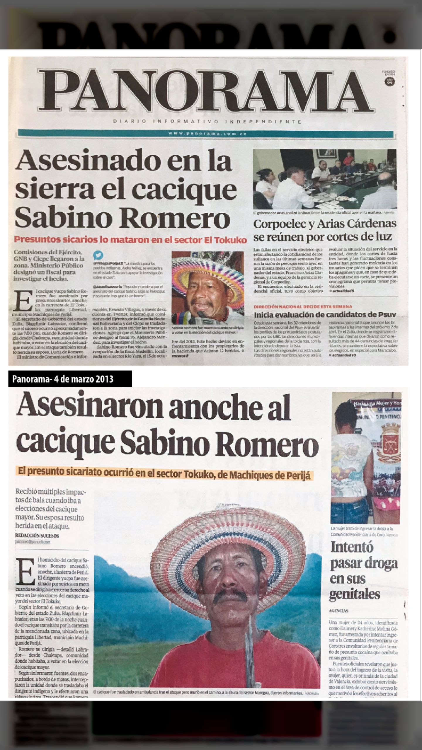 Es asesinado el cacique y dirigente indígena Sabino Romero Izarra (PANORAMA, 4 DE MARZO 2013)