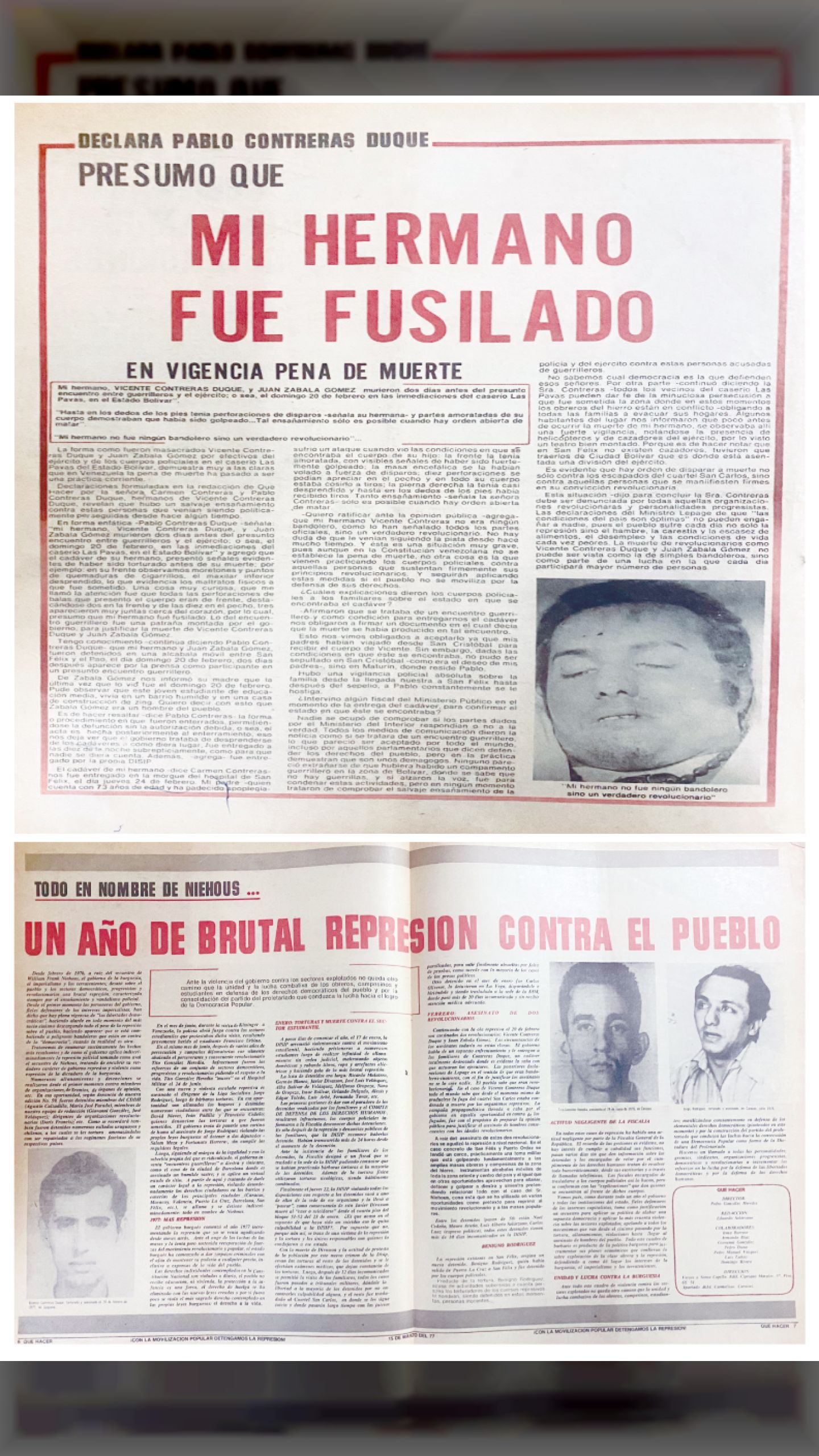 SON TORTURADOS Y FUSILADOS VICENTE CONTRERAS DUQUE Y JUAN ZABALA GÓMEZ ¿QUÉ HACER?, 15 de marzo de 1977