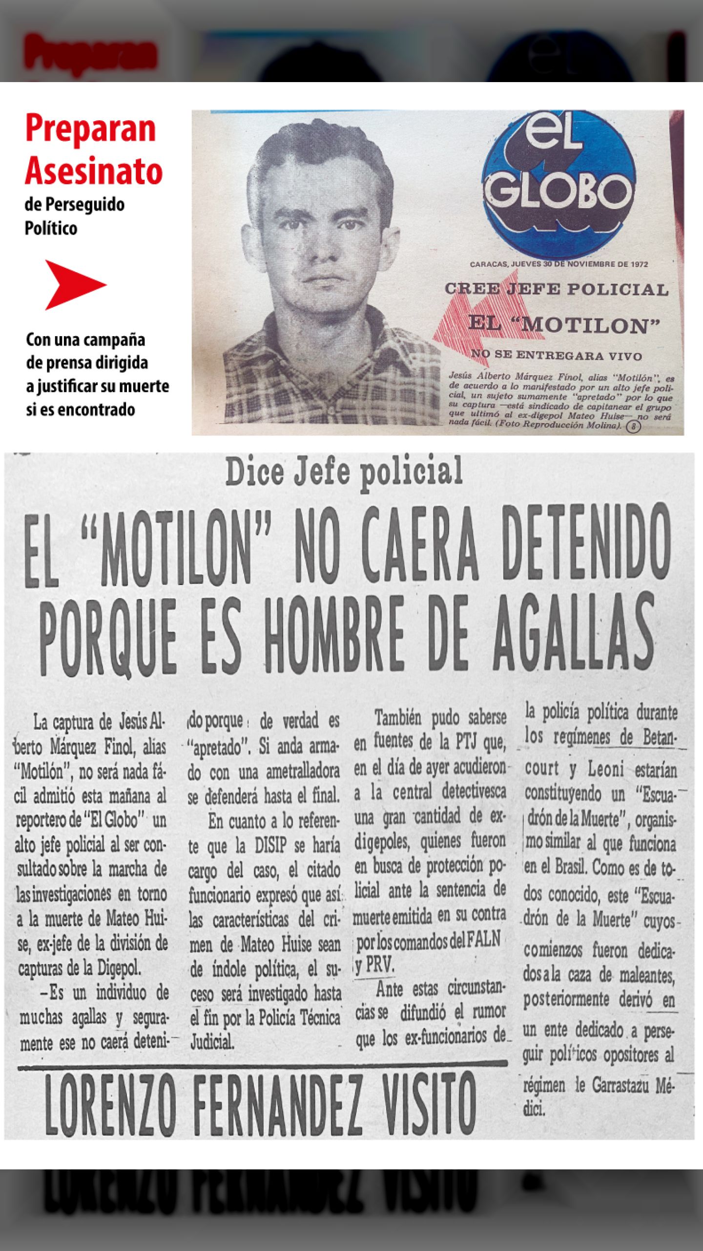 Es masacrado Jesús Márquez Finol - Prepararon el asesinato de un perseguido político con una campaña de prensa dirigida a justificar su muerte (El Globo, 30 de noviembre de 1972/Al margen, marzo de 1973)