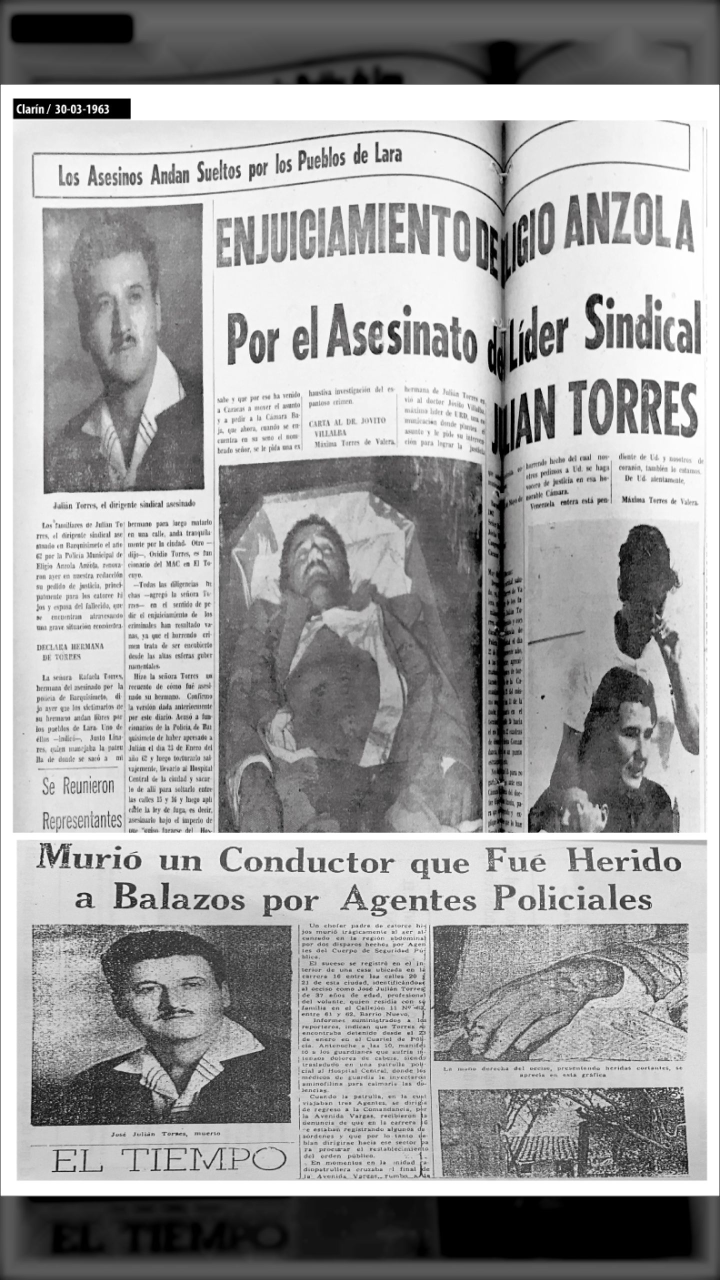 JULIÁN TORRES ES ASESINADO POR BANDAS ARMADAS DE AD (EL TIEMPO, marzo de 1961 y CLARÍN, marzo de 1963)