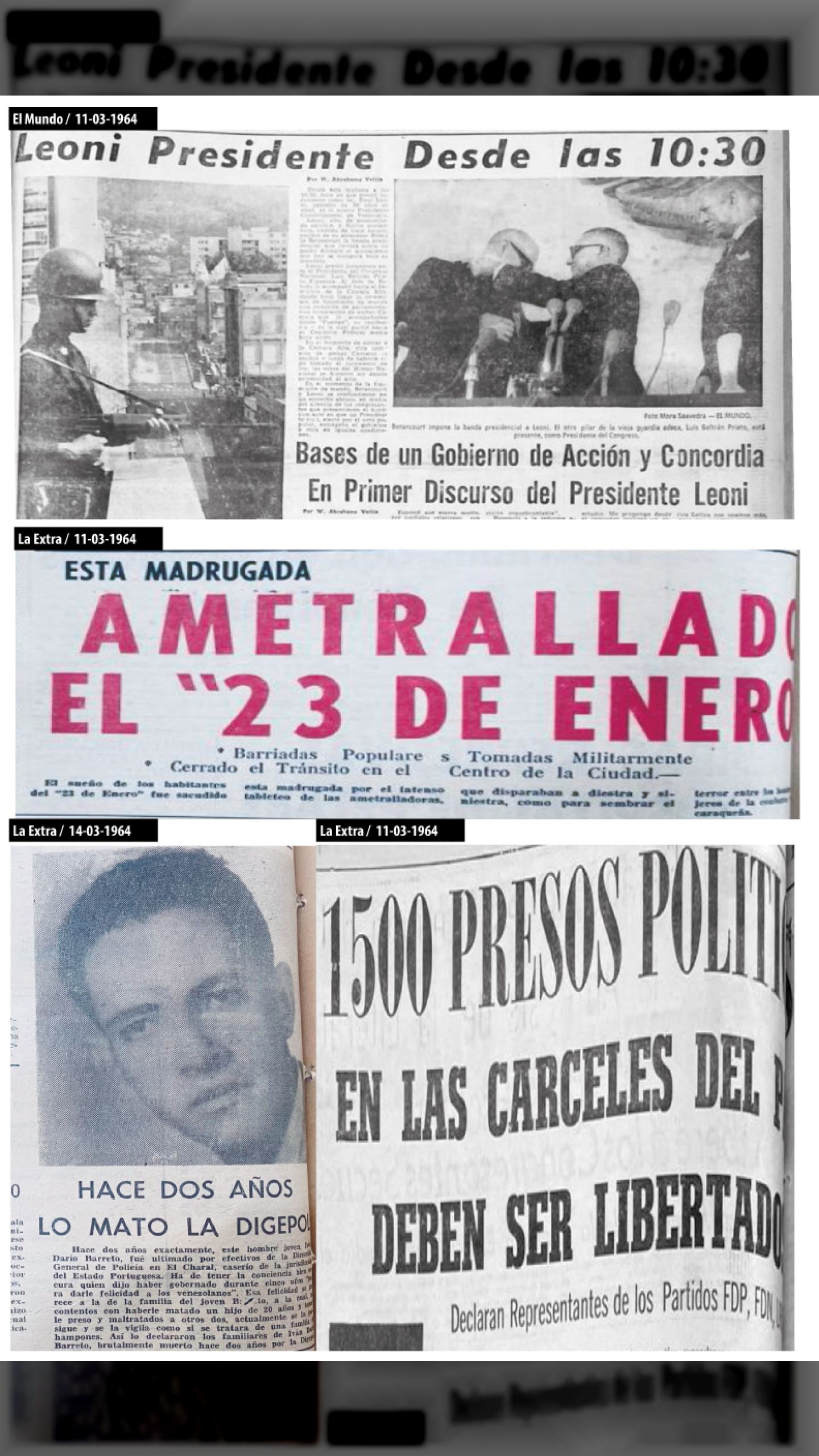 RÓMULO BETANCOURT ENTREGA A LEONI UN PAÍS ENSANGRENTADO (LA EXTRA y EL NACIONAL, 11 de marzo de 1964)