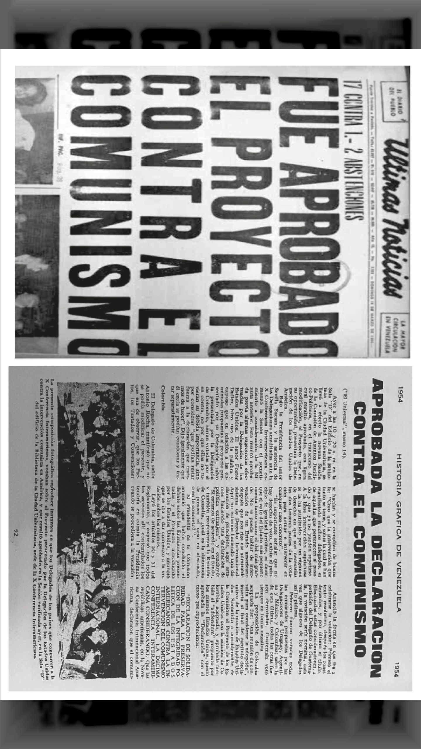 HACE 70 AÑOS FUE APROBADO PROYECTO DE DECLARACIÓN ANTI COMUNISTA EN CARACAS (ÚLTIMAS NOTICIAS, 14 de marzo 1954)