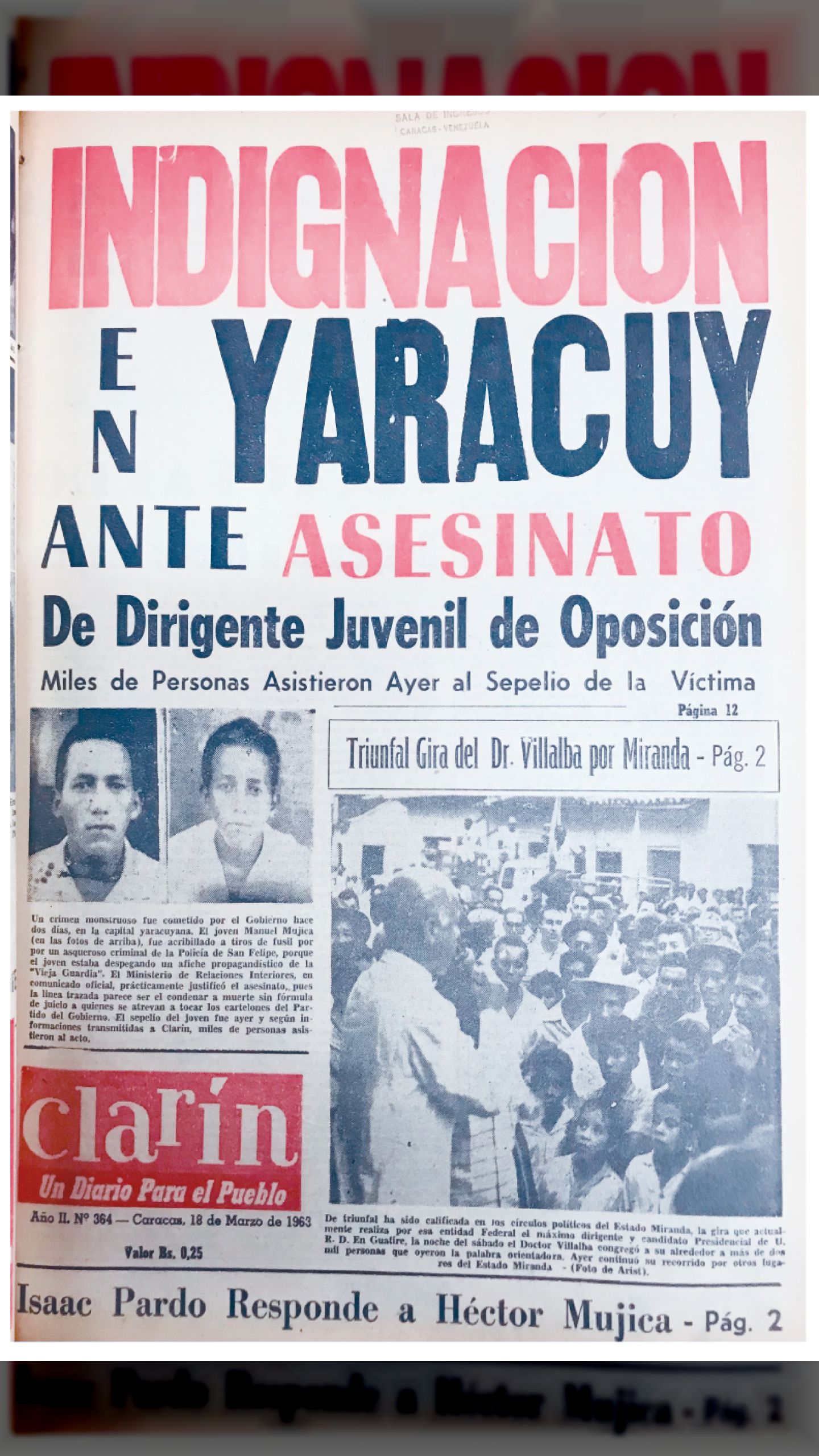 INDIGNACIÓN EN YARACUY ANTE ASESINATO DE DIRIGENTE JUVENIL DE OPOSICIÓN (CLARÍN, 18 de marzo 1963)
