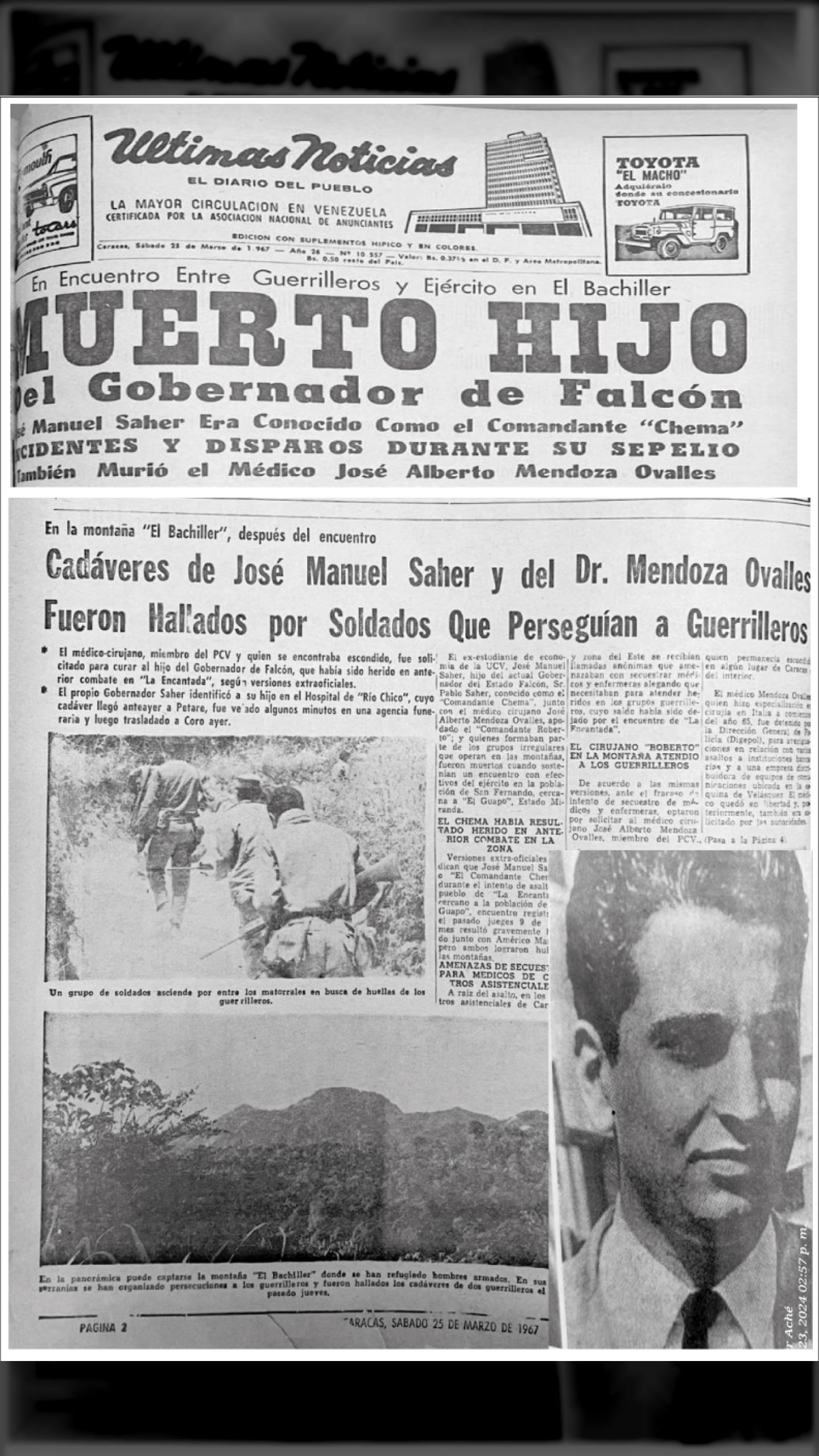 SON FUSILADOS JOSÉ MANUEL “CHEMA” SAHER Y JOSÉ ALBERTO OVALLES (ÚLTIMAS NOTICIAS, 25 de marzo 1967)