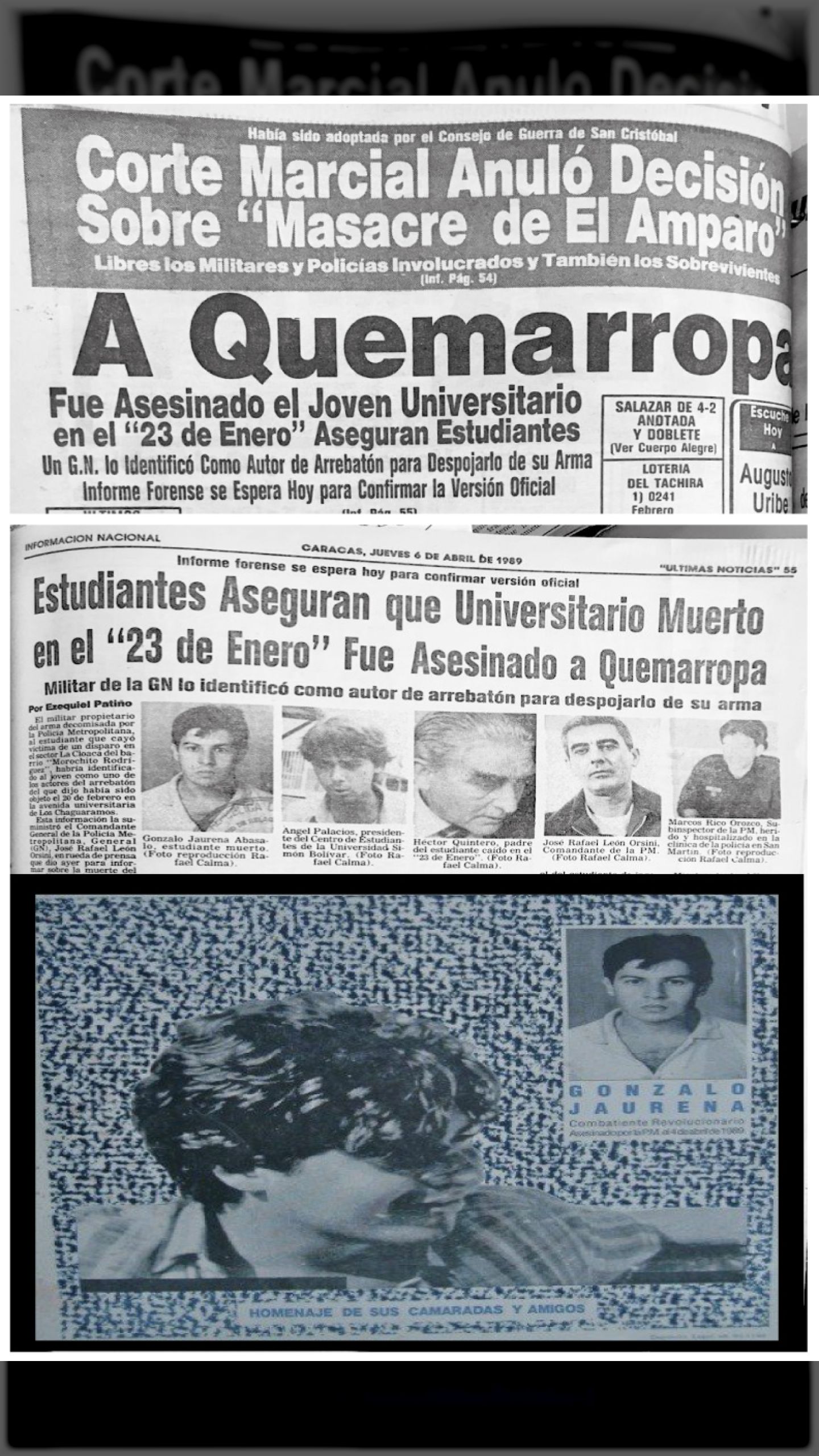 GONZÁLO JAURENA ABÁSALO FUE ASESINADO A QUEMARROPA POR LA POLICÍA METROPOLITANA (ÚLTIMAS NOTICIAS, 6 de abril 1989)