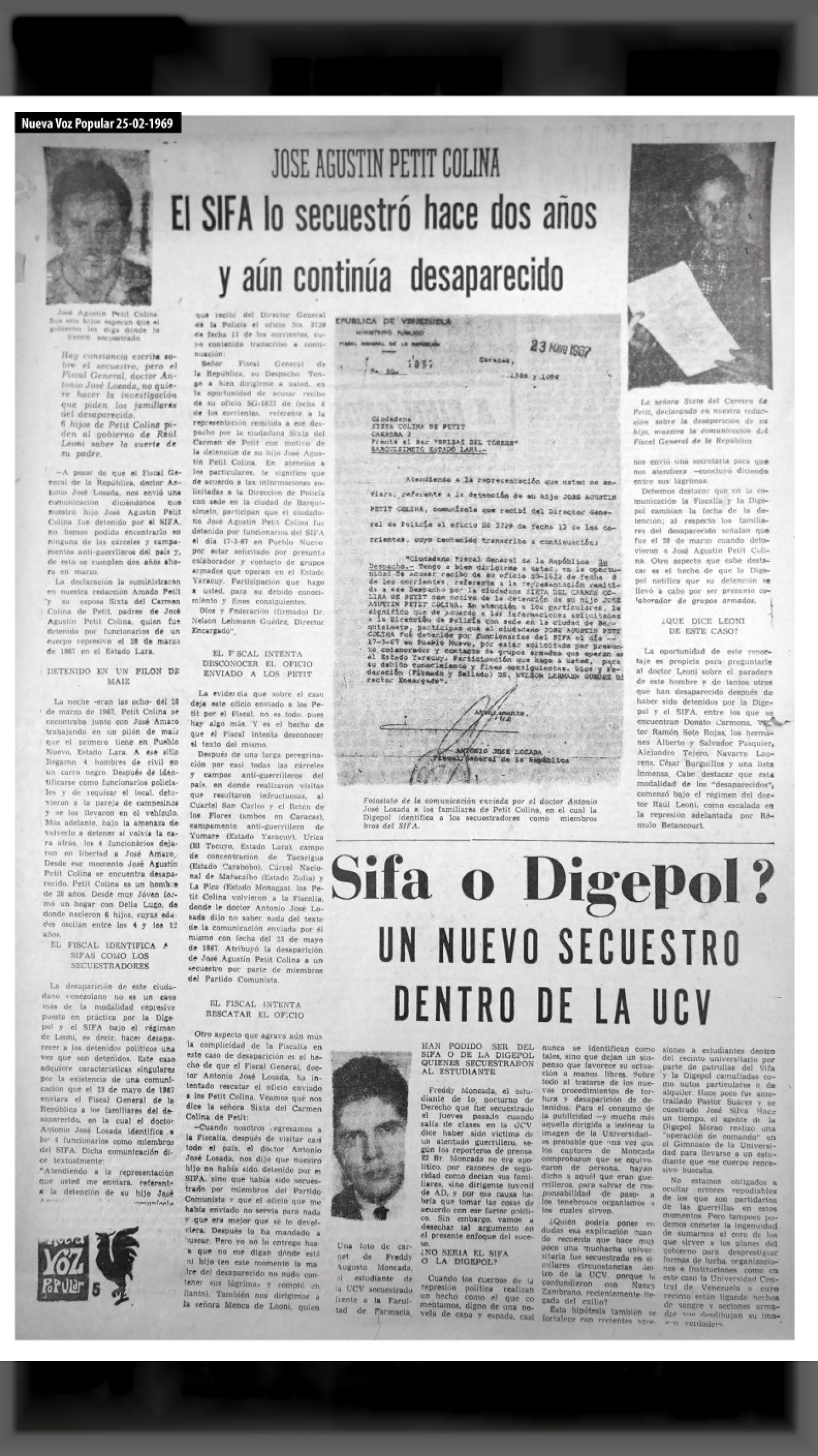 JOSÉ AGUSTÍN PETIT COLINA · EL SIFA LO SECUESTRO HACE 57 AÑOS Y AÚN CONTINÚA DESAPARECIDO (Nueva Voz Popular, 25 de febrero 1969 - nro. 35)