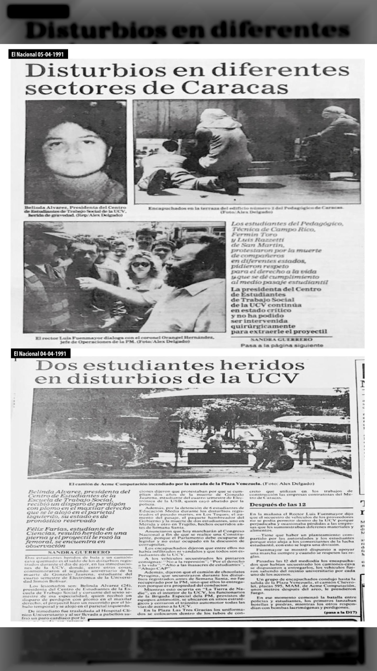 ES ASESINADA LA DIRIGENTE ESTUDIANTIL BELINDA ÁLVAREZ (EL NACIONAL, ÚLTIMAS NOTICIAS, DIARIO DE CARACAS y PANORAMA, 04 de abril 1991)