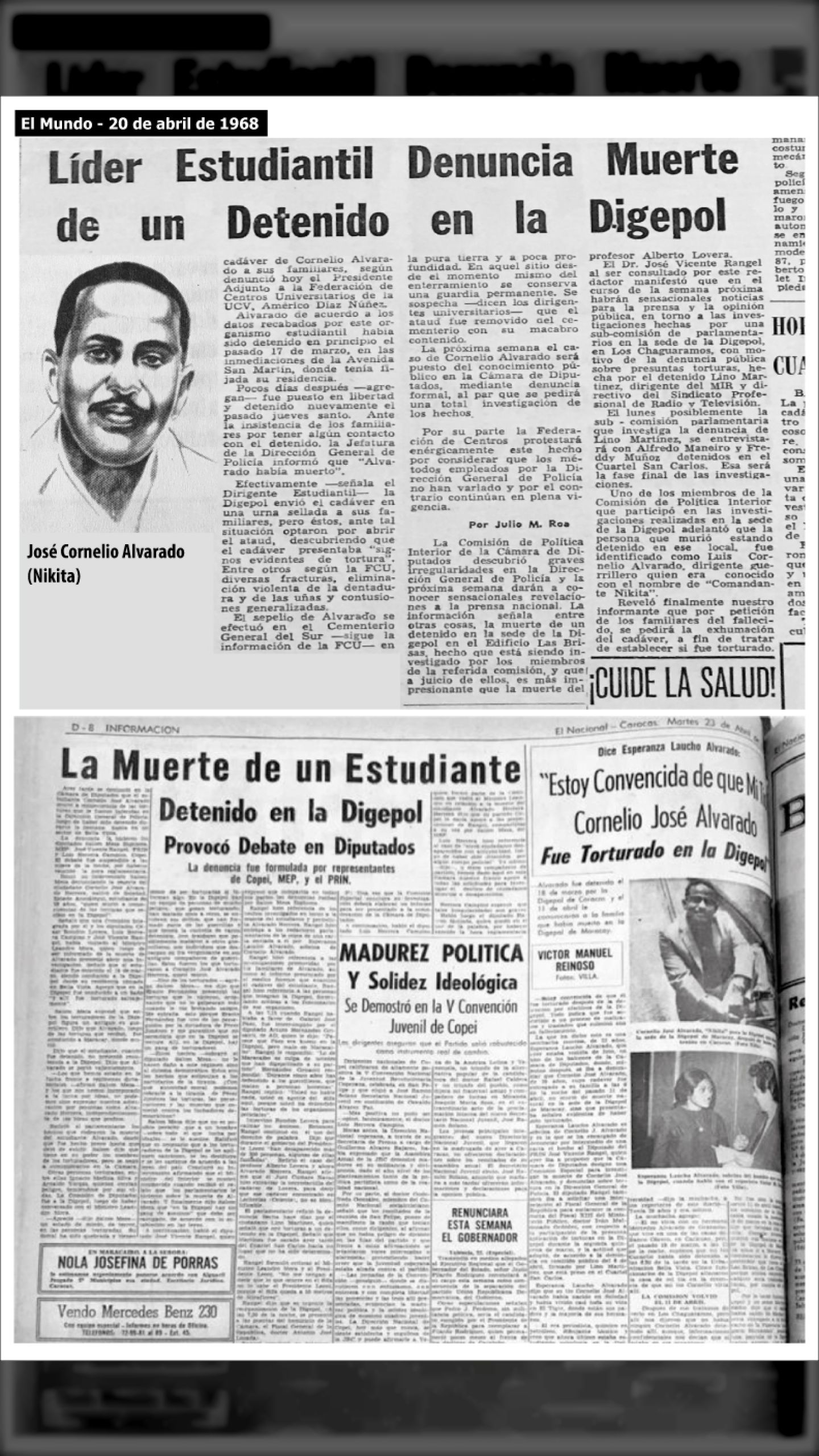ES ASESINADO EL ESTUDIANTE JOSÉ CORNELIO ALVARADO “NIKITA” (EL NACIONAL y Últimas Noticias, 18 de abril de 1968)