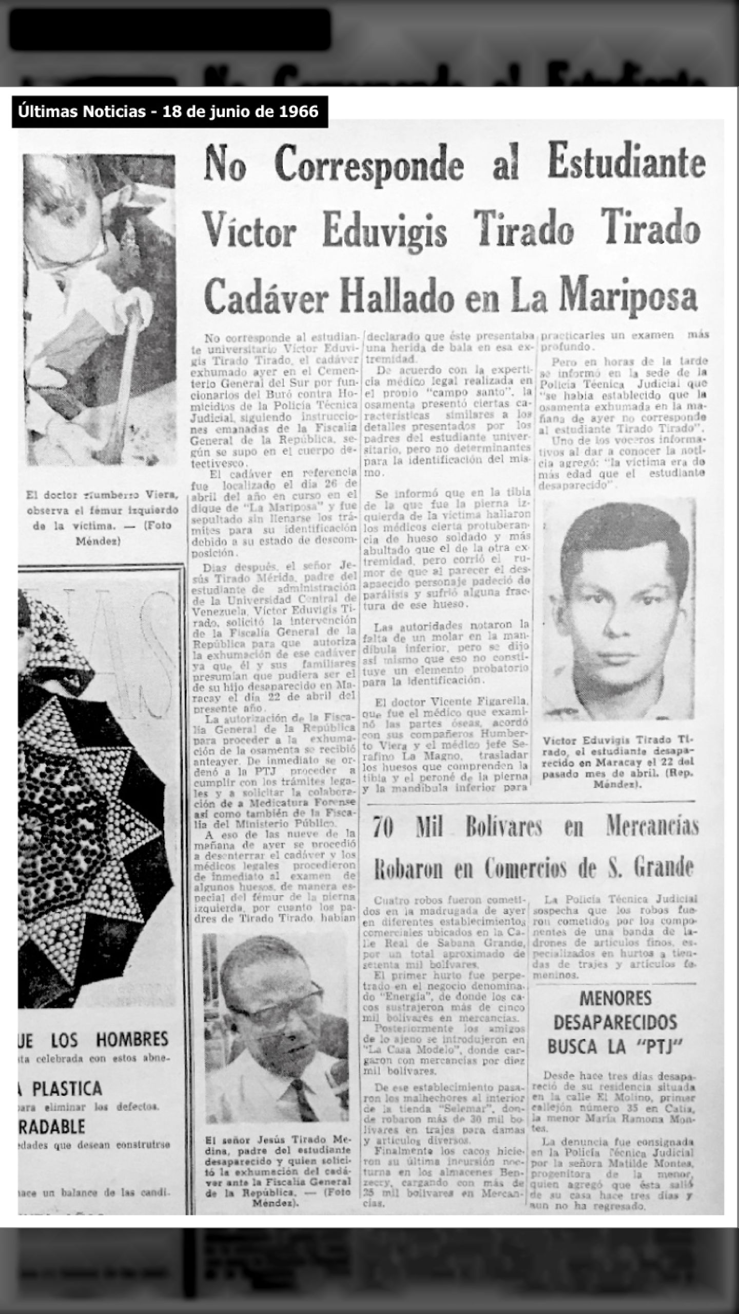 ES SECUESTRADO Y DESAPARECIDO POR LA DIGEPOL VÍCTOR TIRADO  (ÚLTIMAS NOTICIAS, 18 de junio 1966)
