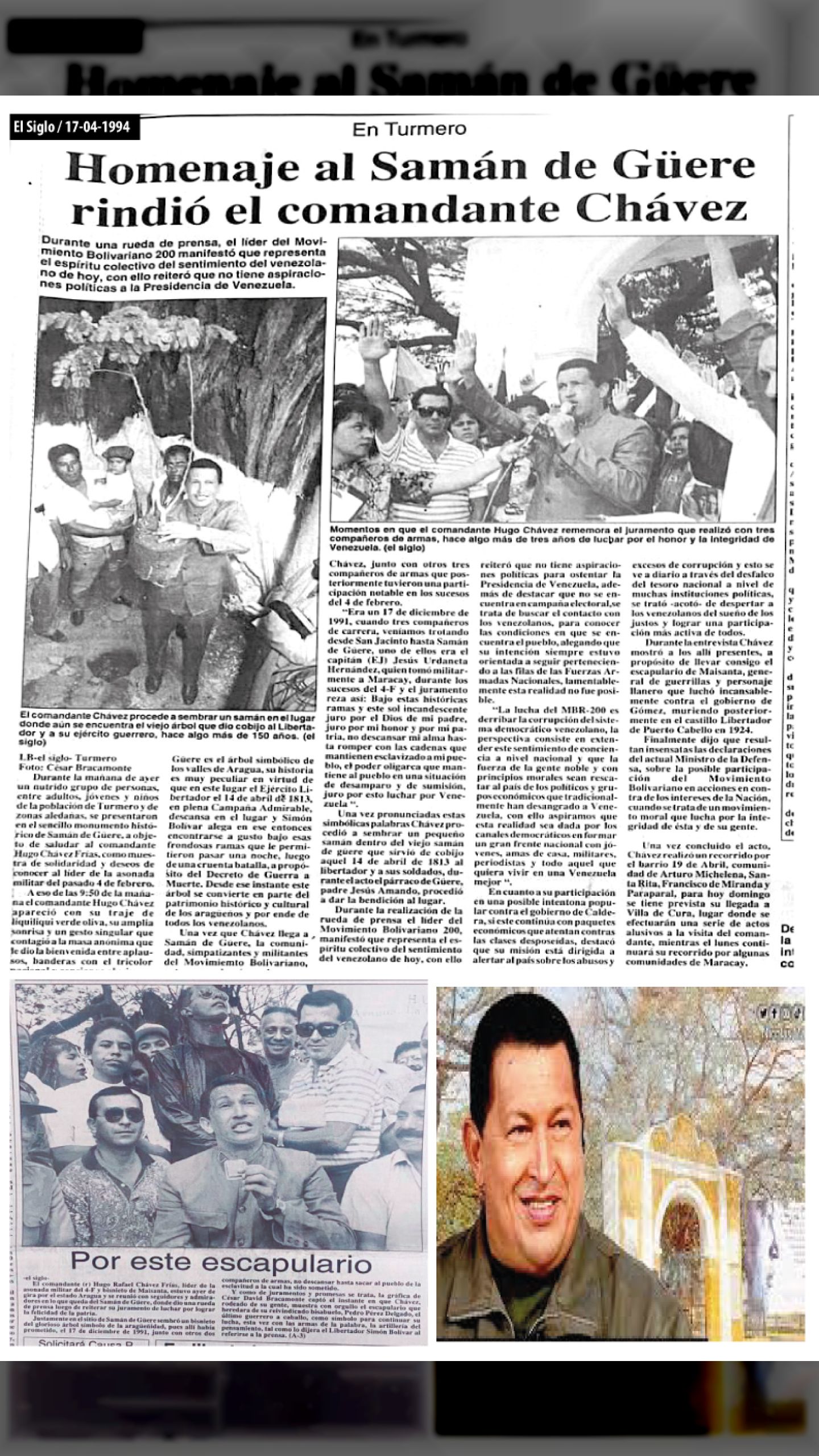 EL COMANDANTE CHÁVEZ RATIFICA  EL JURAMENTO FUNDACIONAL DEL MBR-200 ANTE SAMÁN DE GÜERE (EL SIGLO, 17 de abril de 1994)