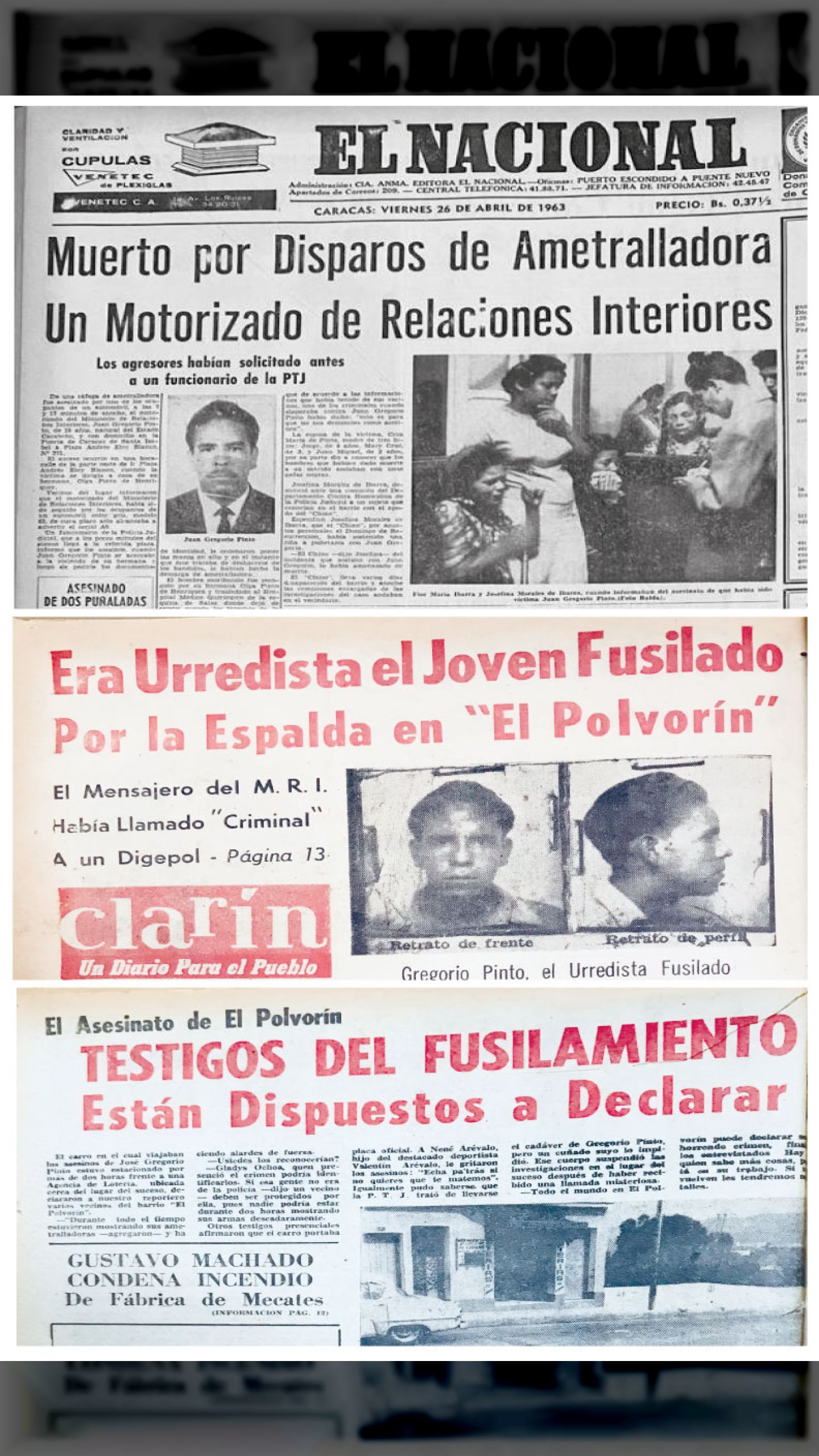 Es asesinado el dirigente urredista José Gregorio Pinto en el barrio “El Polvorín” (CLARÍN, 29 de abril 1963)