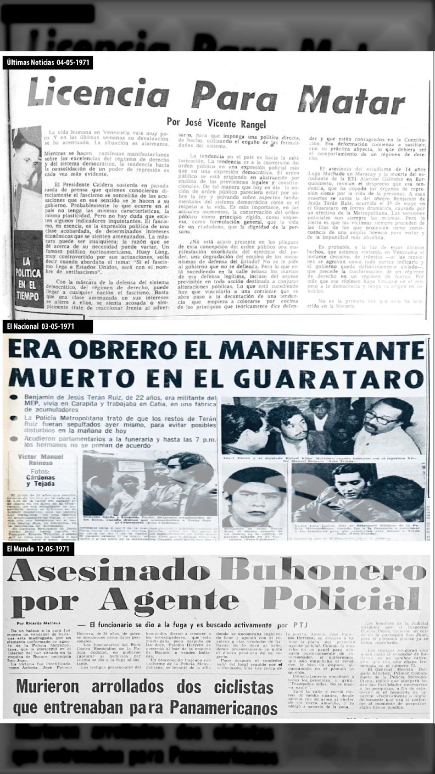 LICENCIA PARA MATAR (Últimas Noticias, 04 de mayo de 1971 + El Nacional, 3 y 14 de mayo 1971)