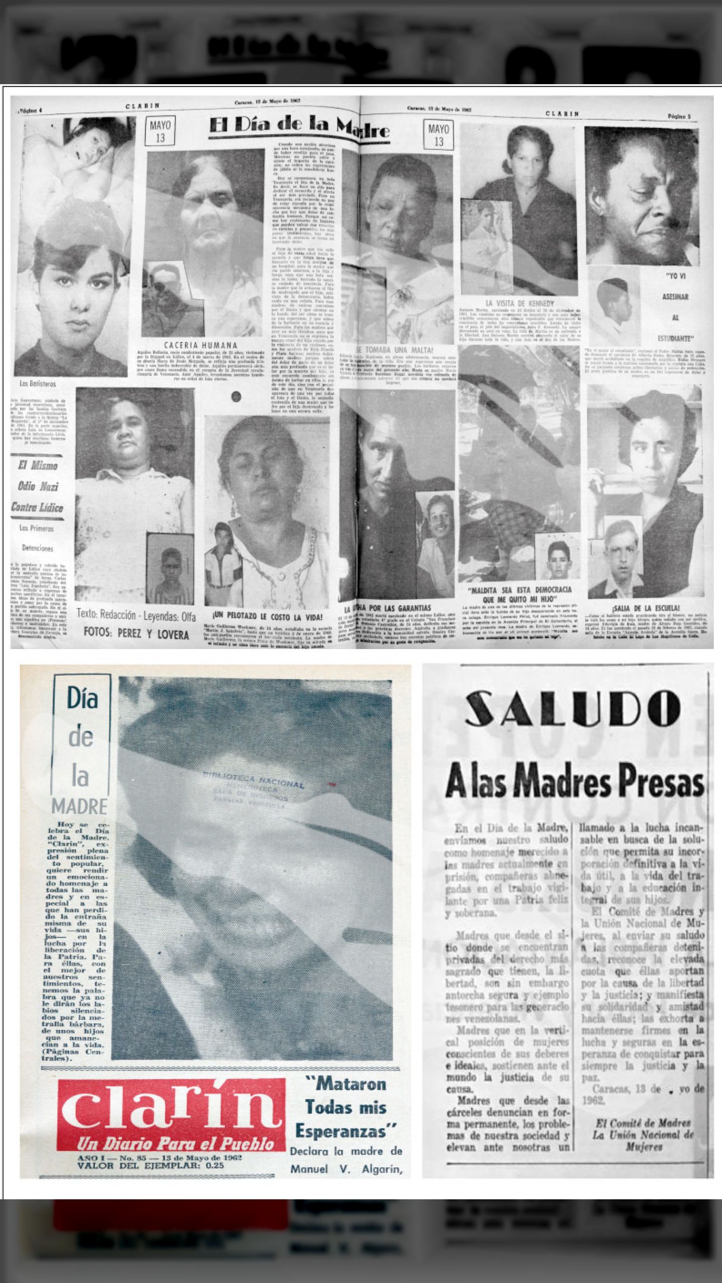 EL DIA DE LAS MADRES (Clarín, 12 de mayo 1962 + Víctimas de la Democracia Representativa en Venezuela, autor: Raúl Zurita Daza)