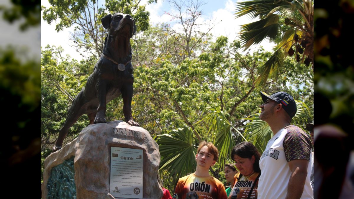 La escultura mide dos metros y medio de altura, fue realizada en resina y fibra de vidrio y montada sobre una roca