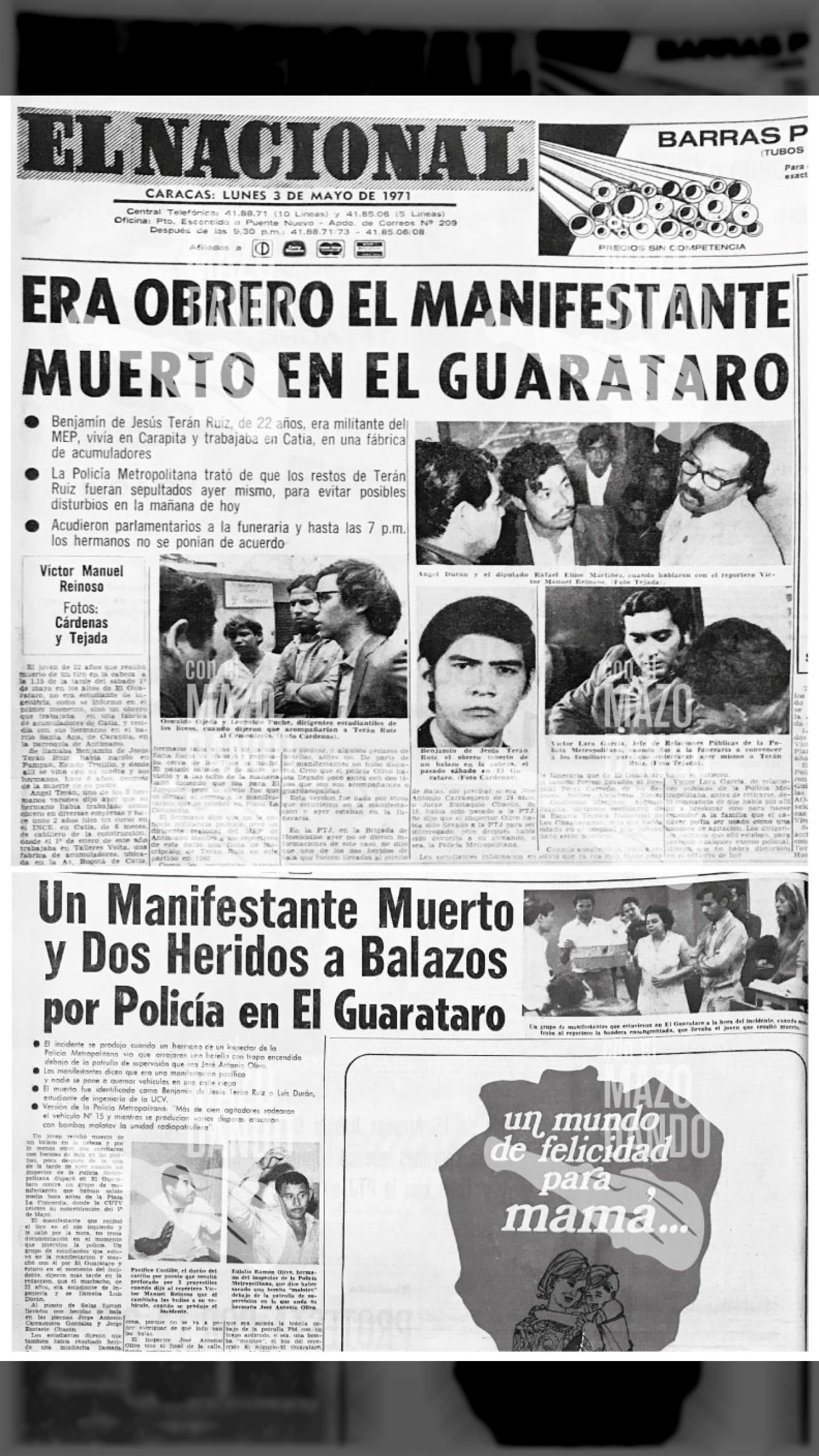 ASÍ CELEBRABAN EL 1º DE MAYO LOS GOBIERNOS DE LA CUARTA REPÚBLICA BENJAMÍN TERÁN DE 22 AÑOS CAE ASESINADO POR LA PM