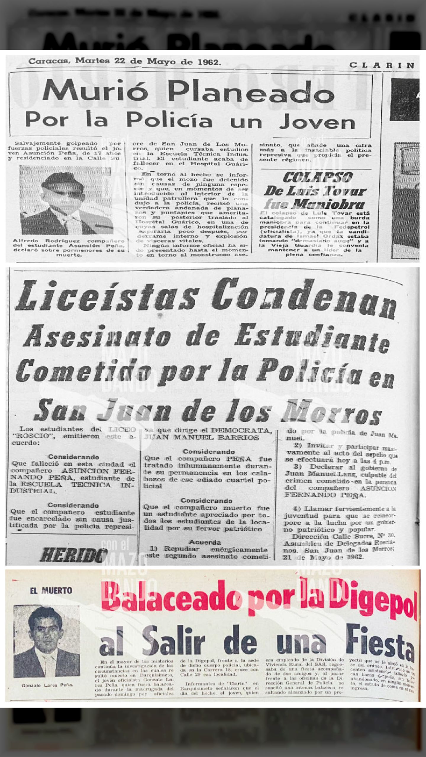Liceístas Condenan el Asesinato del Estudiante ASUNCIÓN FERNANDO PEÑA Cometido por la Policía en San Juan de los Morros