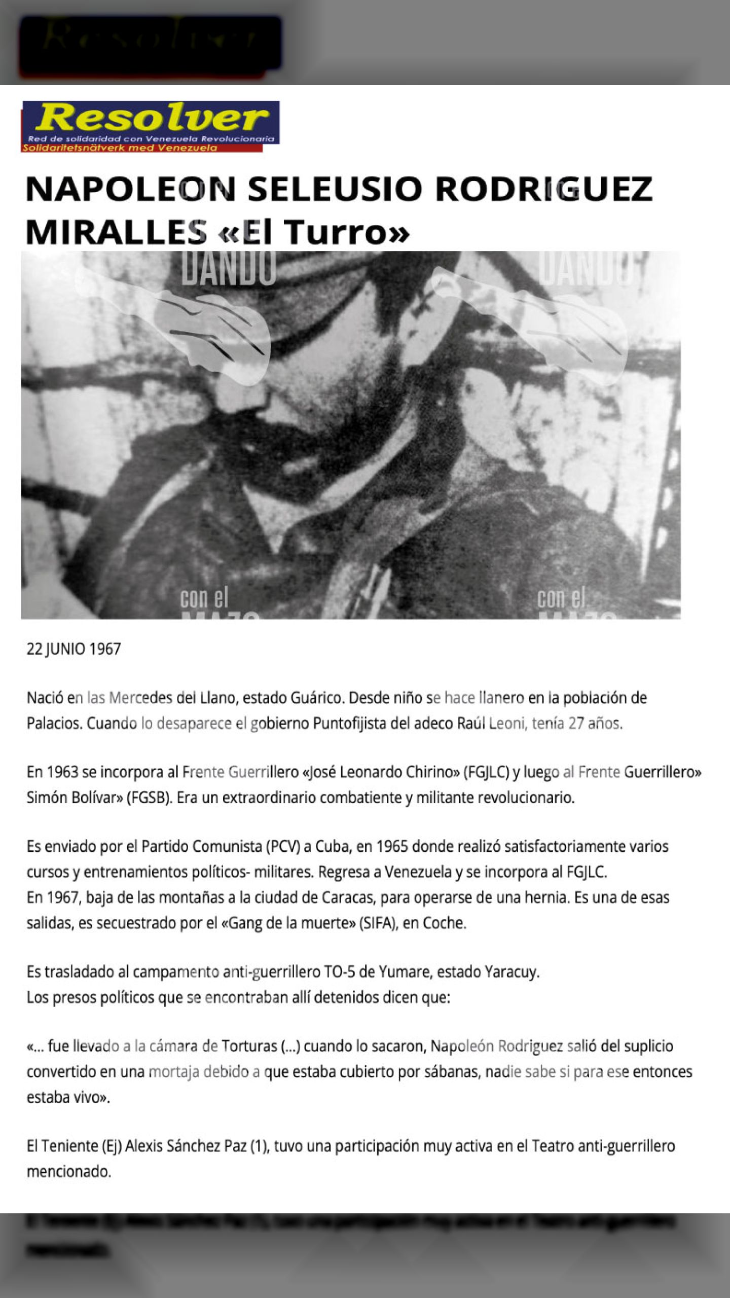 NAPOLEÓN RODRÍGUEZ MIRALLES “EL TURRO” ASESINADO Y DESAPARECIDO POR EL GOBIERNO DE RAÚL LEONI