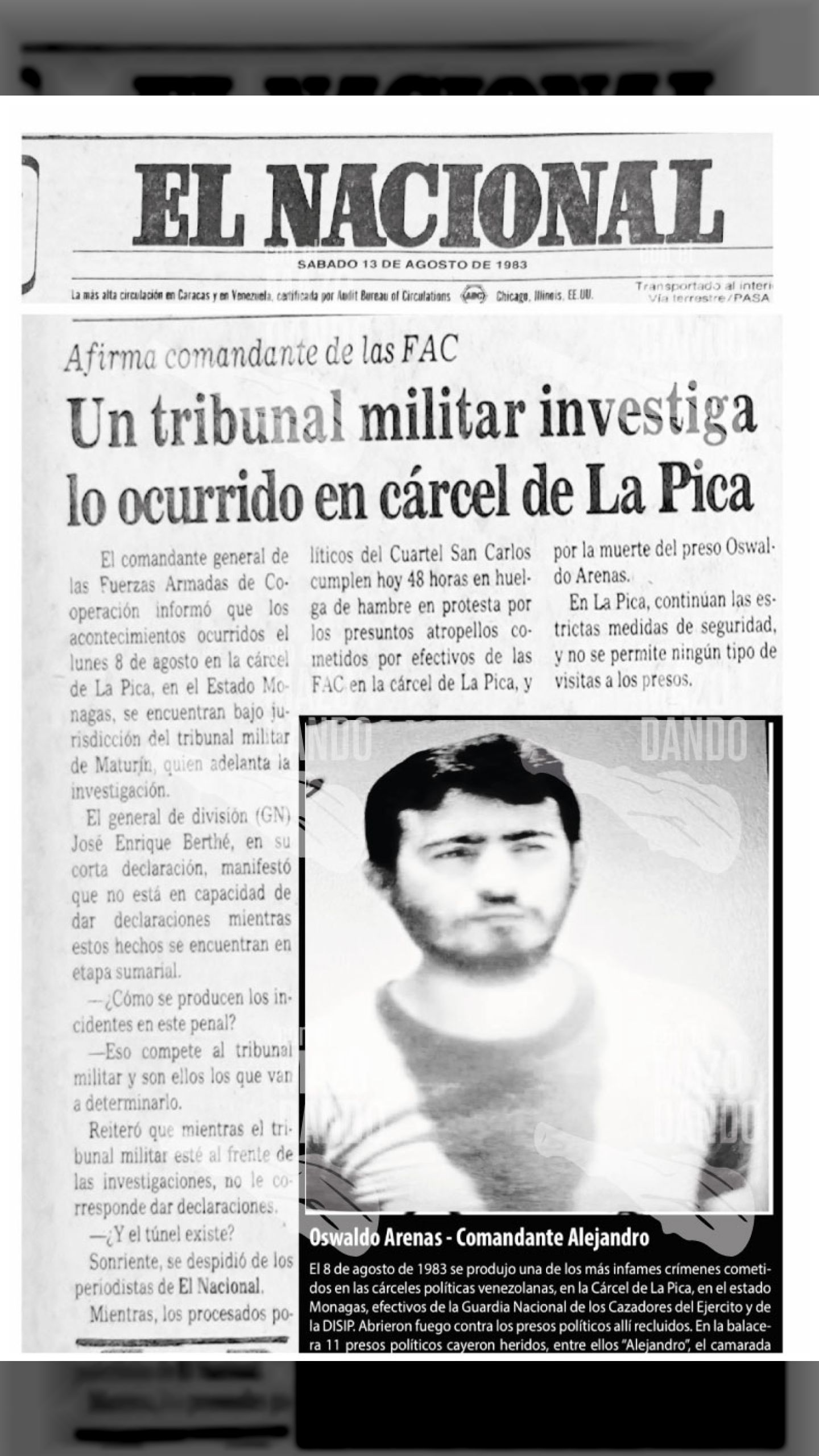 Hace 42 años fueron asesinados OSWALDO ARENAS “ALEJANDRO” Y ONCE PRESOS EN LA MASACRE DE LA PICA
