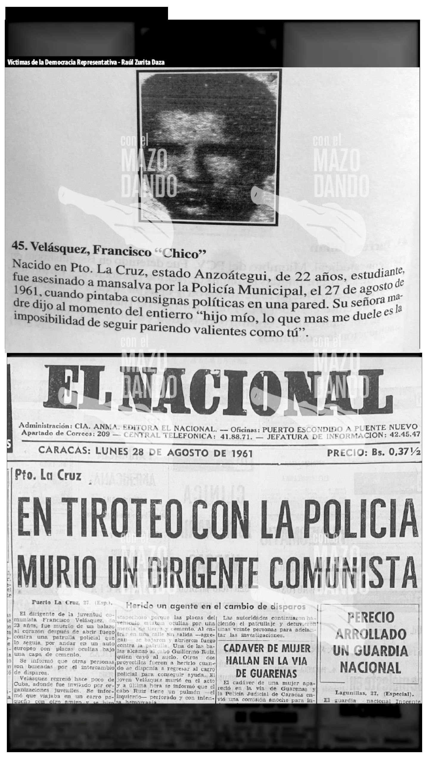 ACRIBILLADO POR POLICIA MUERE EL DIRIGENTE ESTUADIANTIL FRANCISCO “CHICO” VELÁSQUEZ