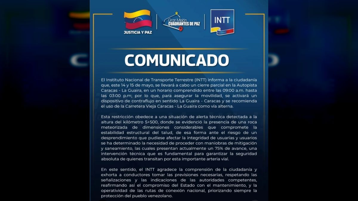 INTT announced the partial closure of the Caracas-La Guaira Highway starting this Thursday