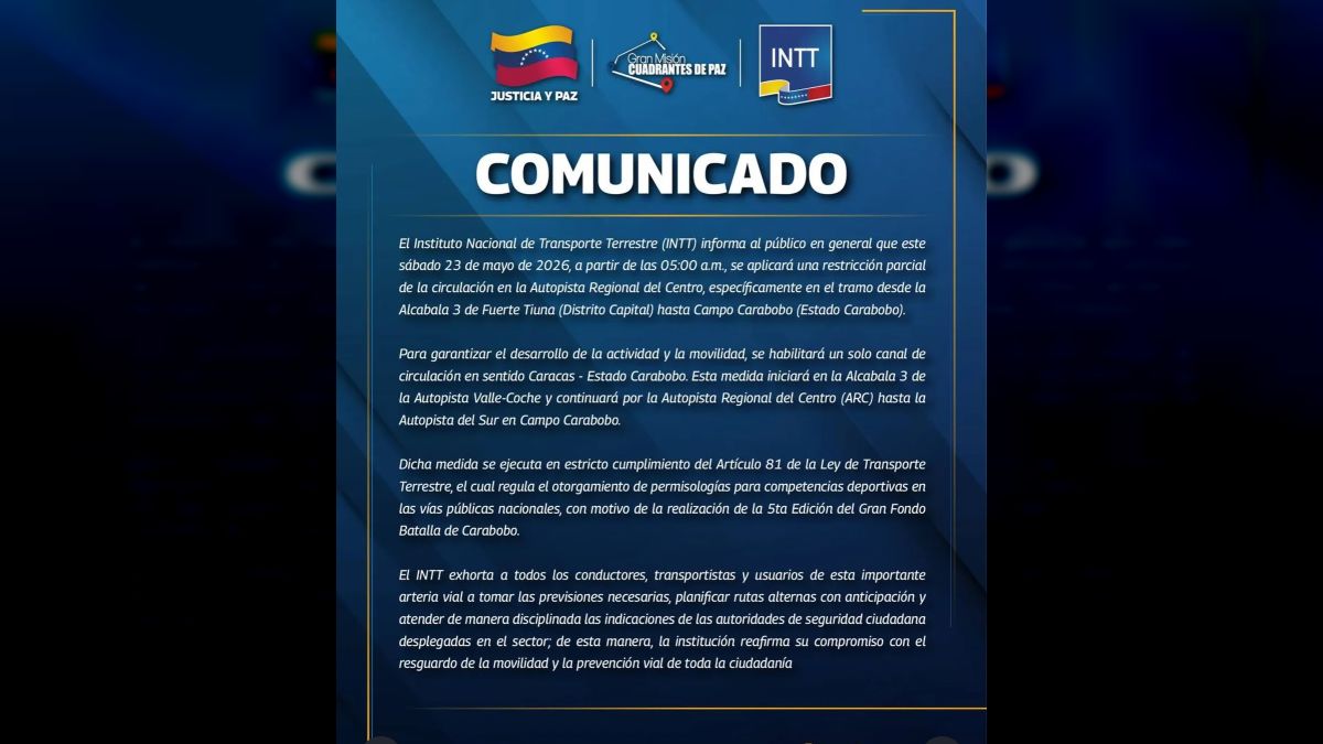 INTT announces temporary closure of the ARC from Caracas to Valencia this Saturday