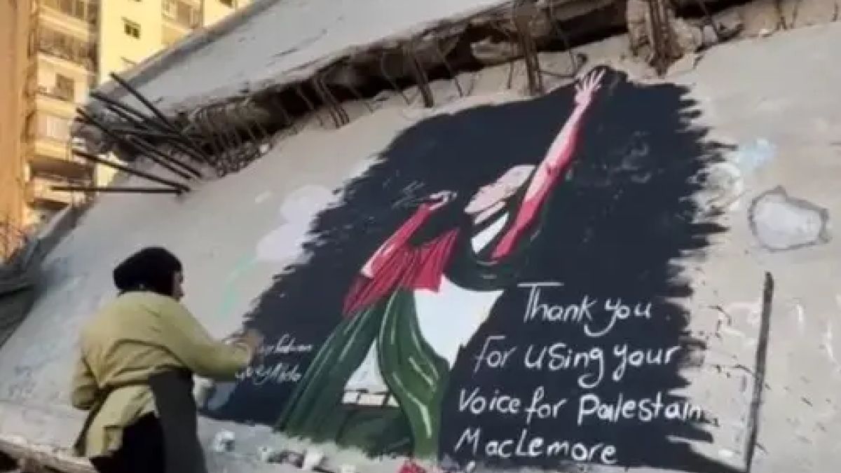Artists in Gaza dedicate a mural to rapper Macklemore in recognition of his support for the Palestinian cause