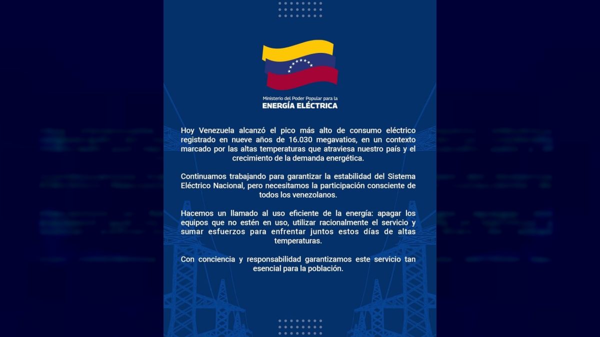 Venezuela has the highest peak of electricity consumption in the last 9 years: 16:30 megawatts
