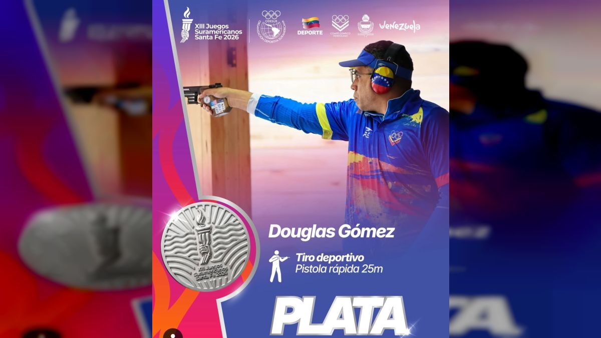 Flag-bearer Douglas Gómez climbs to the second rung of the South American podium in shooting sports
